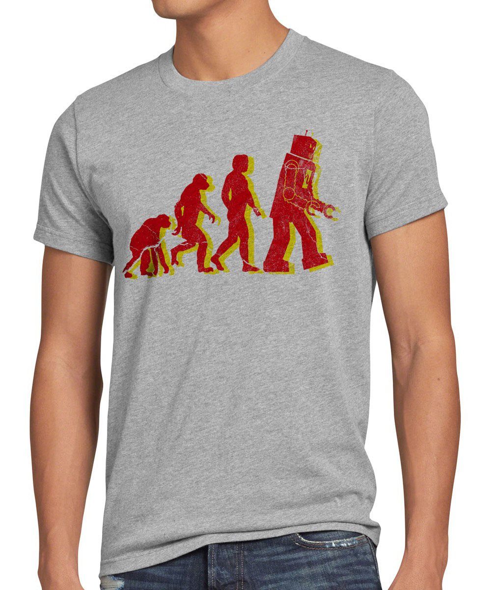 style3 Print-Shirt Herren T-Shirt Evolution big bang roboter sheldon theory cooper darwin neu robot grau meliert