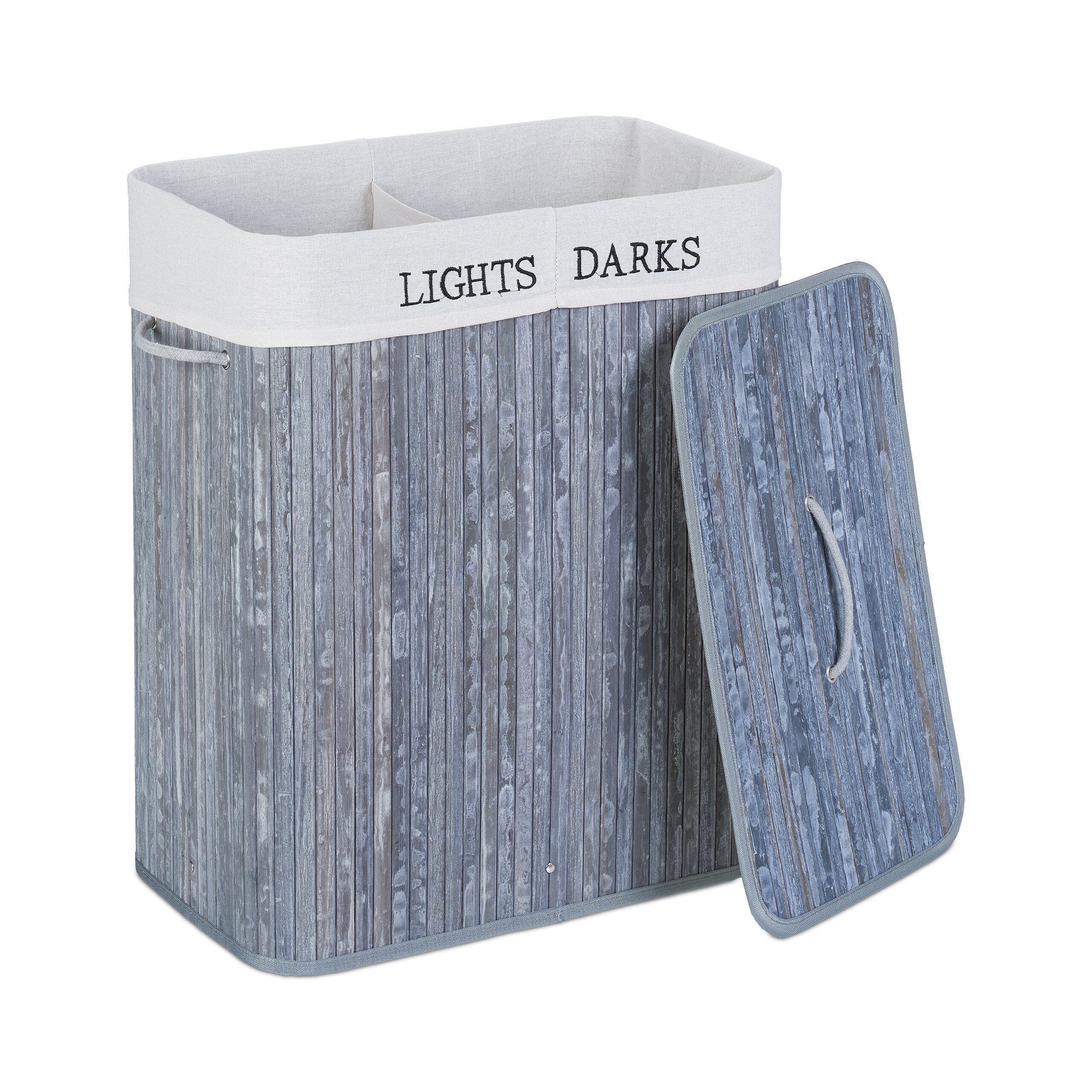 relaxdays Wäschekorb Bambus Wäschekorb mit 2 Fächern, grau günstig online kaufen