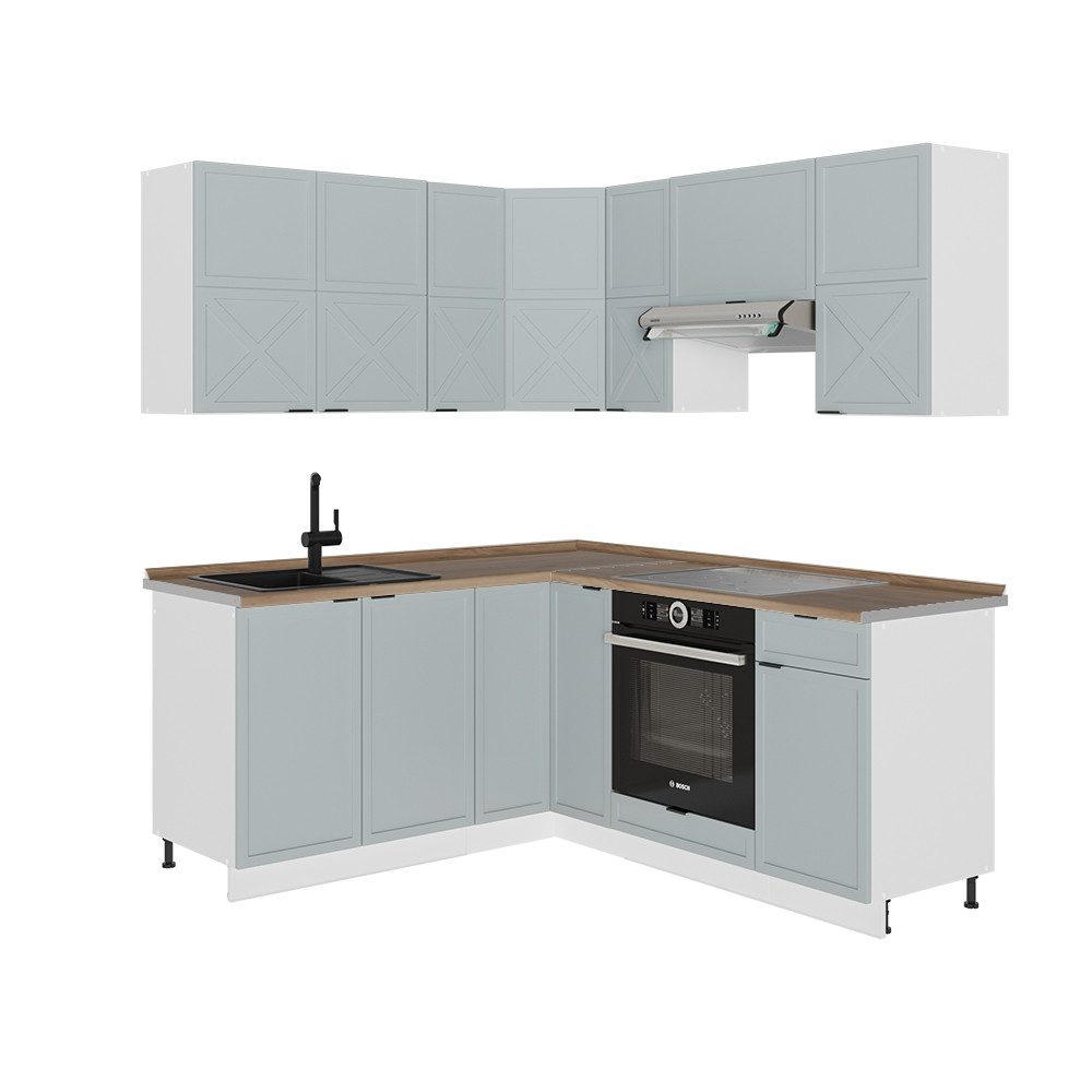Vicco Winkelküche Fame-Line, Hellblau-grau/Weiß/Weiß, 160 x 190 cm, AP Eiche