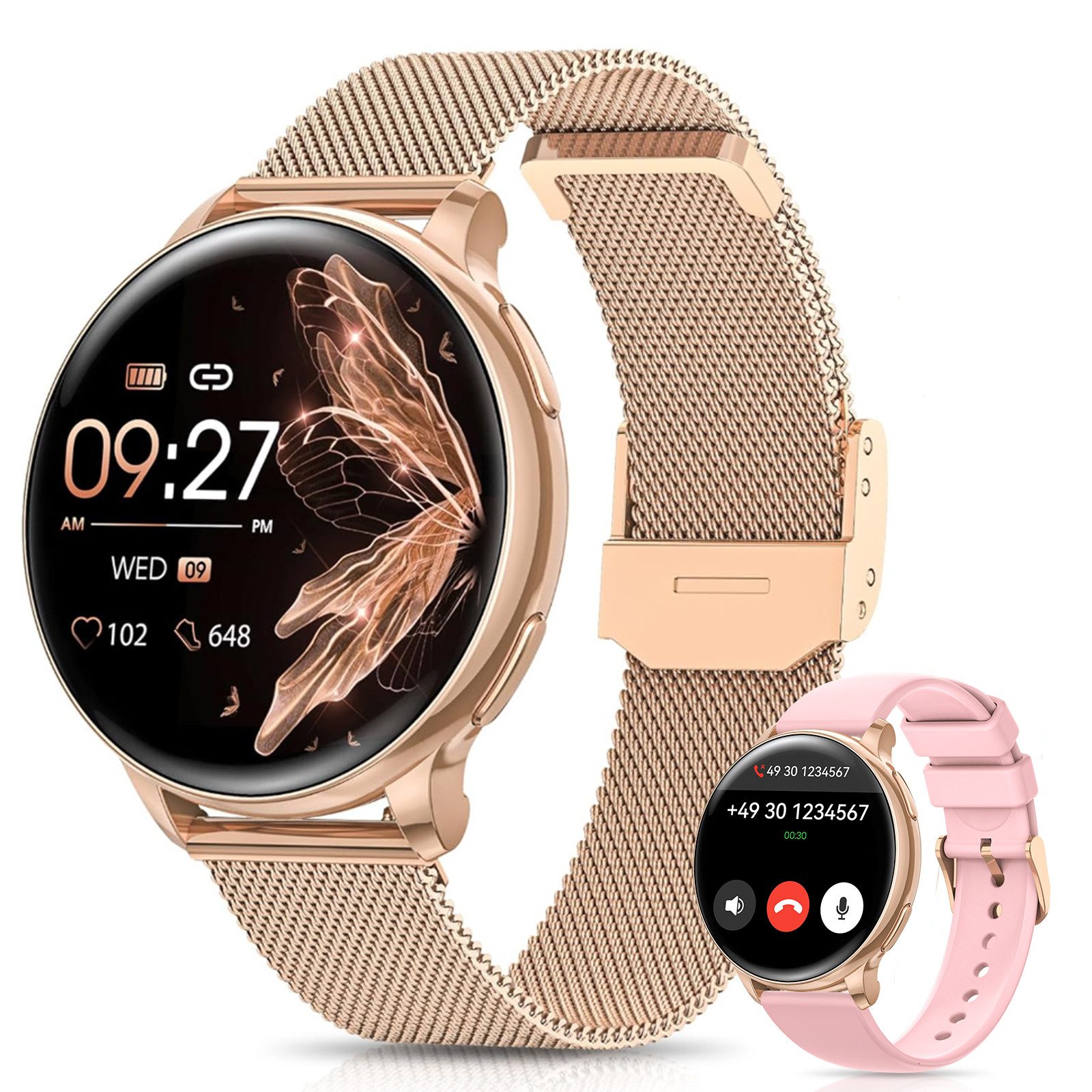 FOSMET 2025 Neue Smartwatch Damen,1.27" AMOLED,Bluetooth-Anruffunktion Smartwatch (3.23 cm) Pulsuhr,Schlafmonitor,SpO2, Fitnessuhr Damen, Sportuhr, Watch, IP68/mit Herzfrequenz/SpO2/Blutdruck/Schlafüberwachungsfunktion