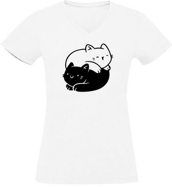 MyDesign24 T-Shirt Damen Katzen Print Shirt bedruckt - Yin Yang Katze Baumwollshirt mit Aufdruck, Slim Fit, i112