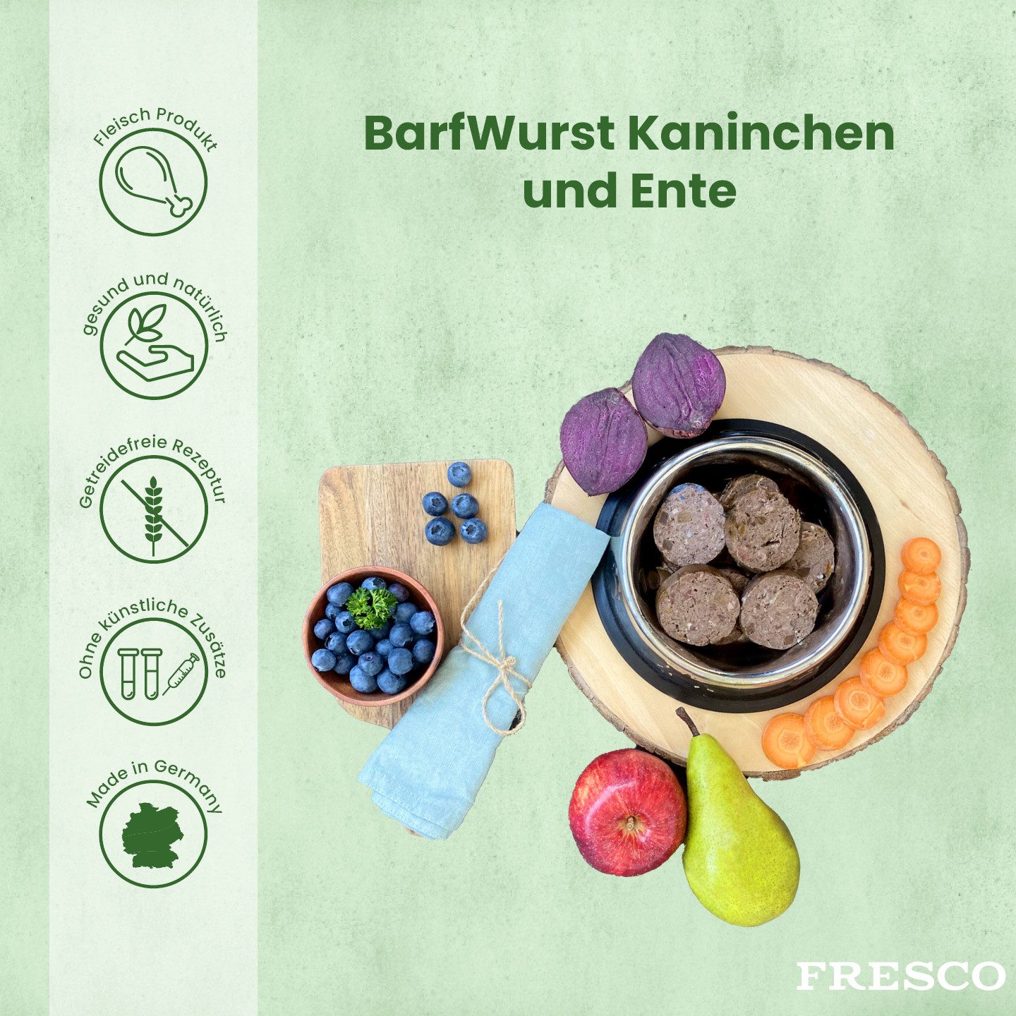 Fresco Dog BARF Hundewurst schnittfest Ente mit Kaninchen I 2 x 400g, Nassfutter für: Hunde, 99% Frischfleisch, getreidefrei & vitaminreich