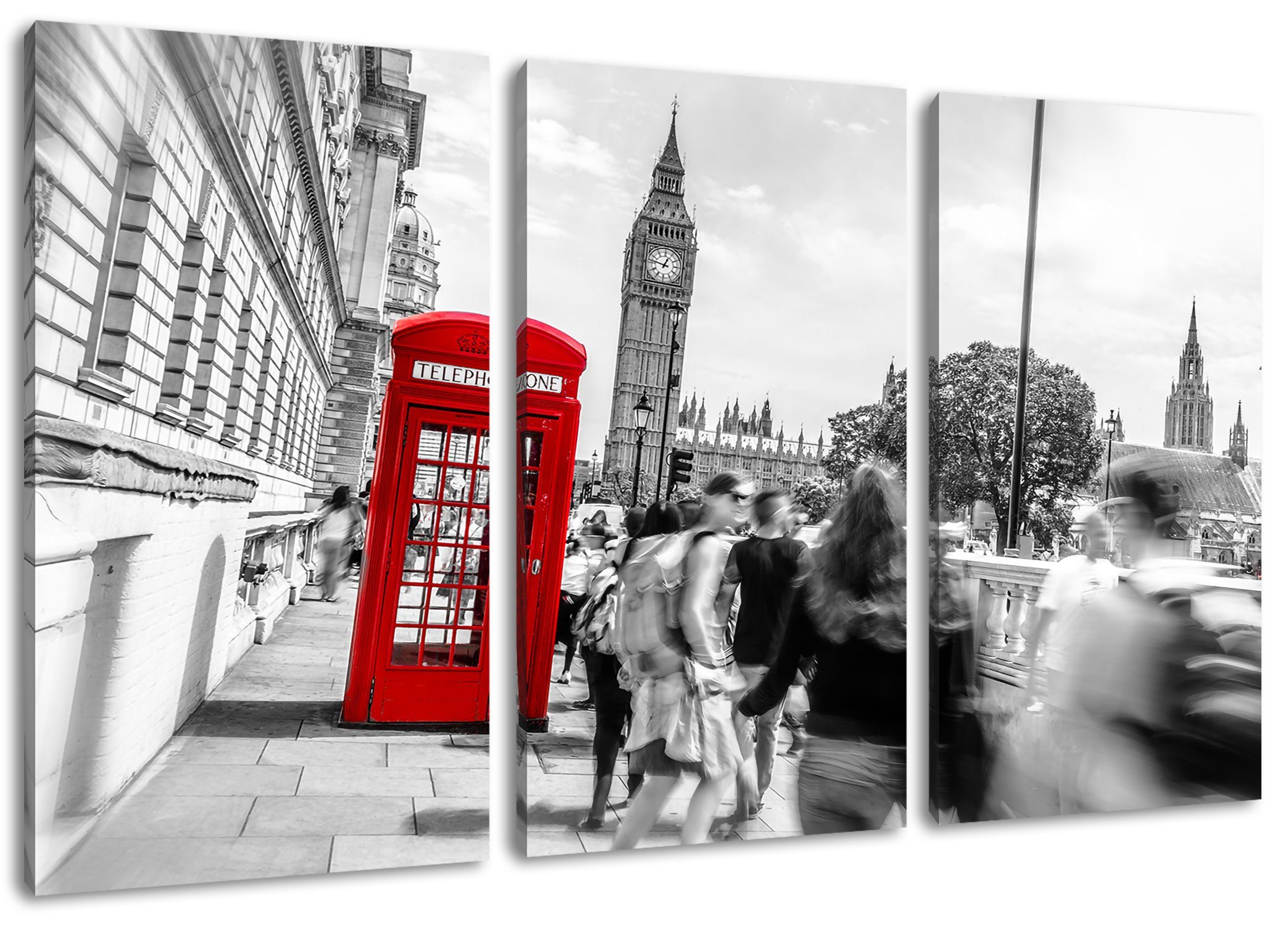 in London Telefonzelle Leinwandbild (120x80cm) Pixxprint Leinwandbild Typische bespannt, Typische St), (1 in Zackenaufhänger inkl. Telefonzelle fertig 3Teiler London,
