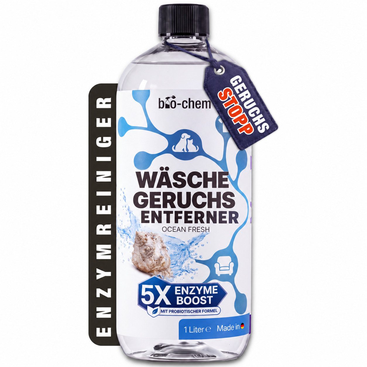 bio-chem Wäsche Geruchsentferner Enzym Waschmittel-Zusatz 1 L Ocean Fresh Spezialwaschmittel (1 Liter je Flasche, Bis zu 20 Anwendungen je Flasche Premiumduft Ocean Fresh: Vitalisierend, mit maritimer Klarheit)