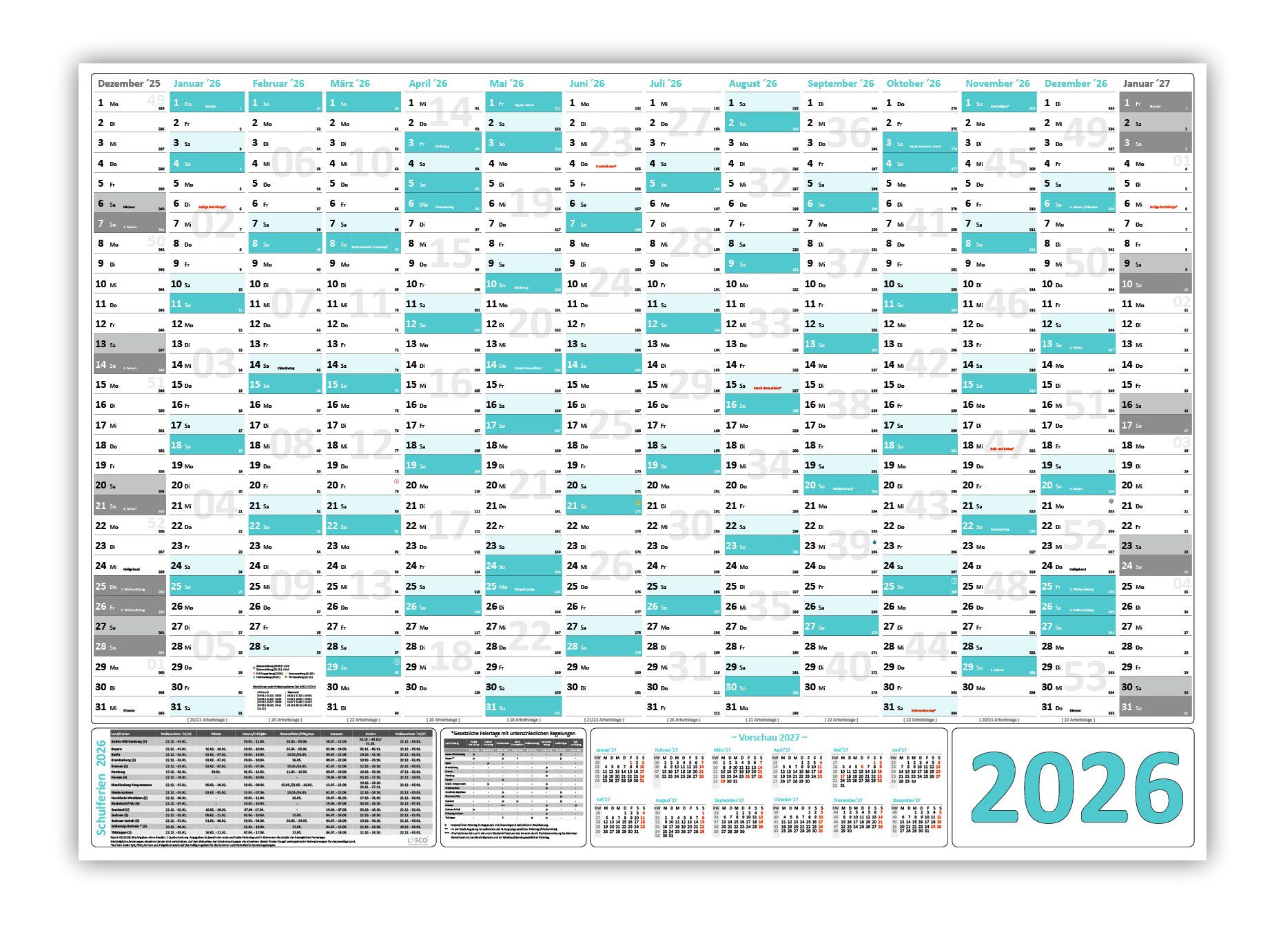 LYSCO Wandkalender Wandplaner DIN A1 2026 türkis / orange, Format DIN A1 (594 x 841 mm) Darstellung 14 Monate mit Jahresvorschau Folgejahr, und Ferientermine / Feiertage aller Bundesländer