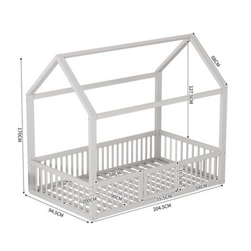 HAUSS SPLOE Kinderbett 90*200cm mit Türchen und Zaun Hausbett aus Kiefer und MDF, weiß
