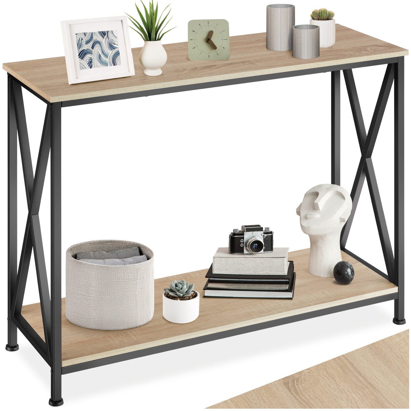 tectake Konsolentisch Flurtisch, 100 x 35 x 80,5 cm, mit 2 Ablagen und seitlichen (Wandkonsole Tacoma, 1-St., in Industrial Holz hell, Eiche Sonoma), Industrial Style, Holz und Stahl, höhenverstellbare Kunststofffüße