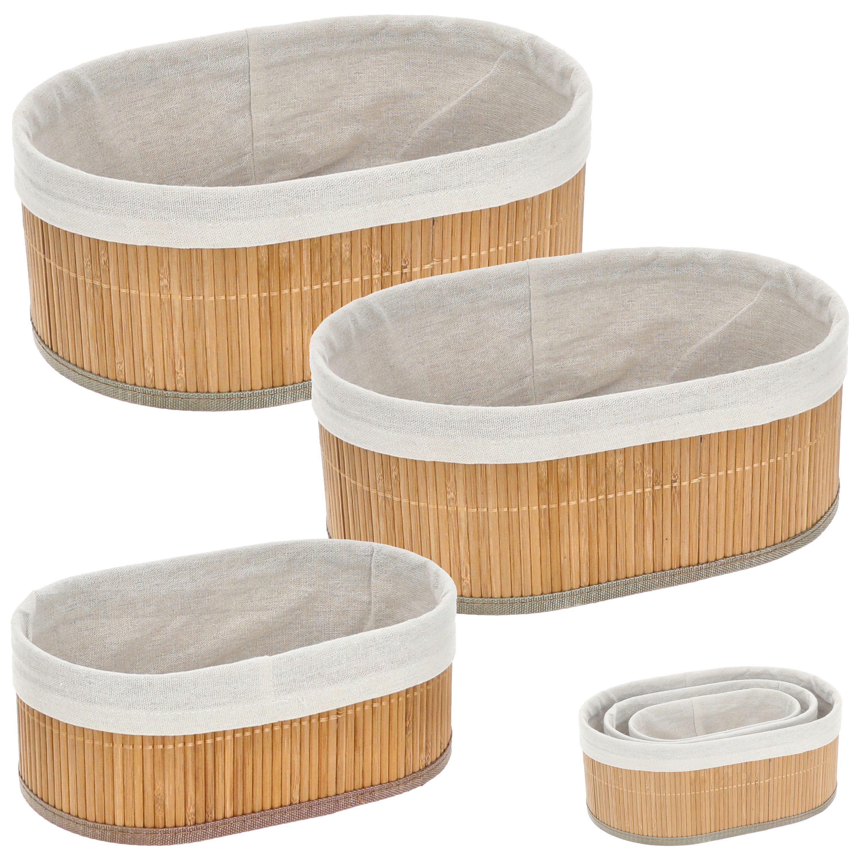 CEPEWA Allzweckkorb Aufbewahrungskorb oval 3er Set Bambus Leinen 3 Größen Utensilienkorb
