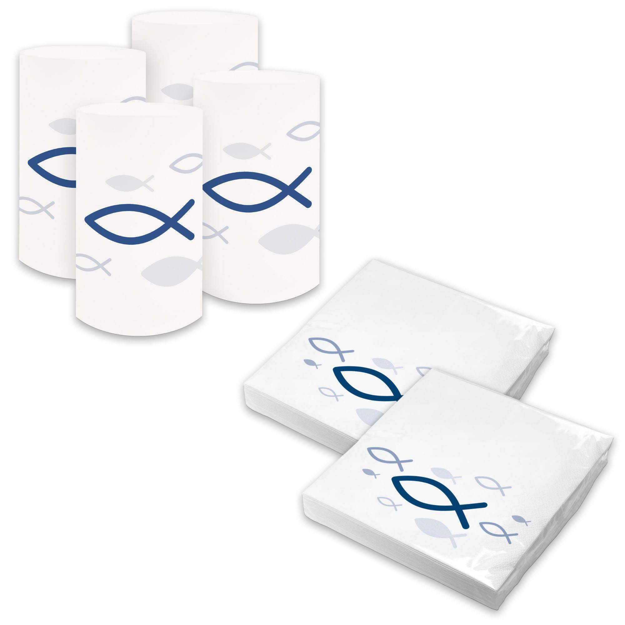 itenga Papierserviette itenga 6x Windlicht + 40x Servietten - Fisch - weiß blau