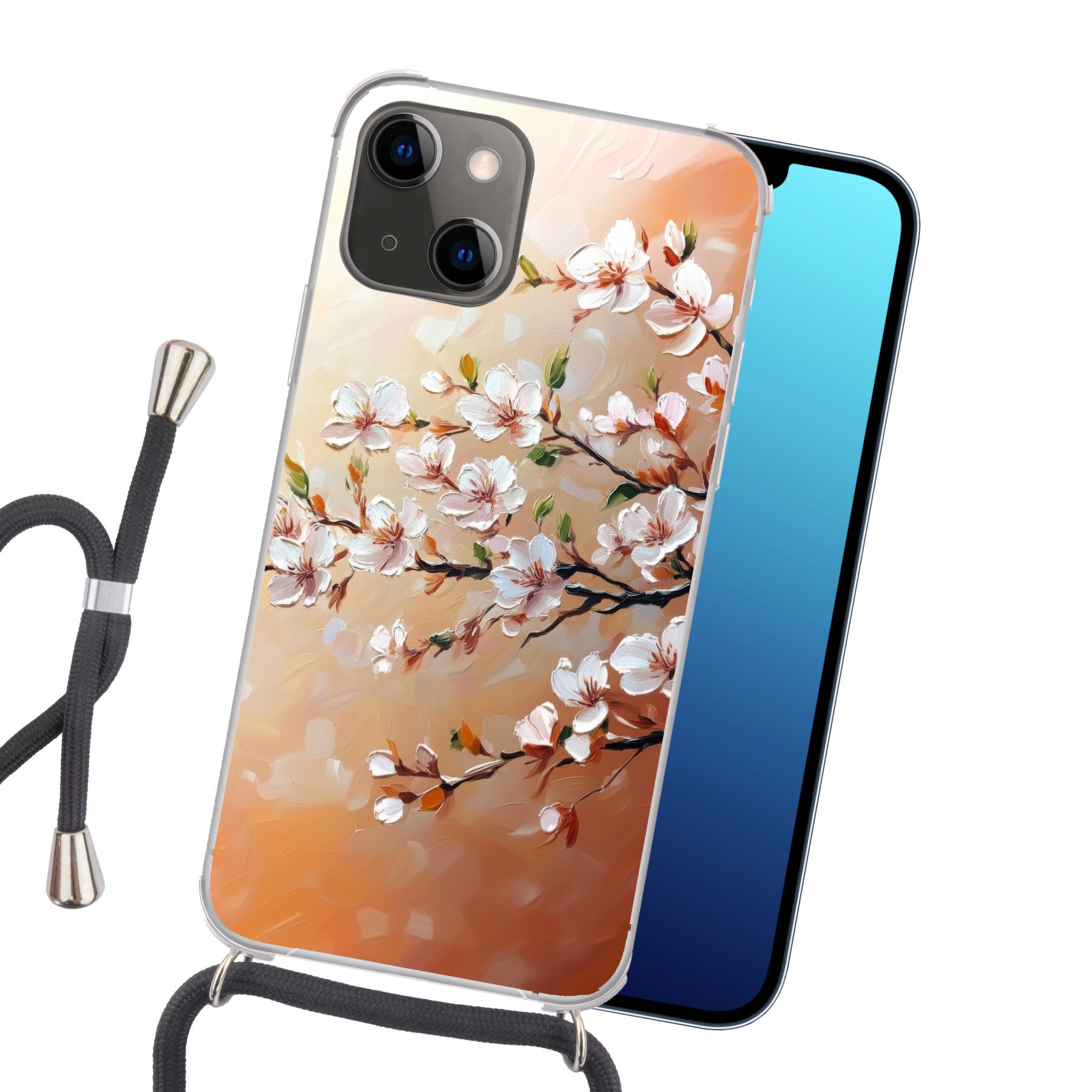 MuchoWow Handyhülle für Apple iPhone 13 Blütenzweige - Malerisch - Rosa, Tragbare Handyhüllen mit Kette zum umhängen, Handykette Handyband
