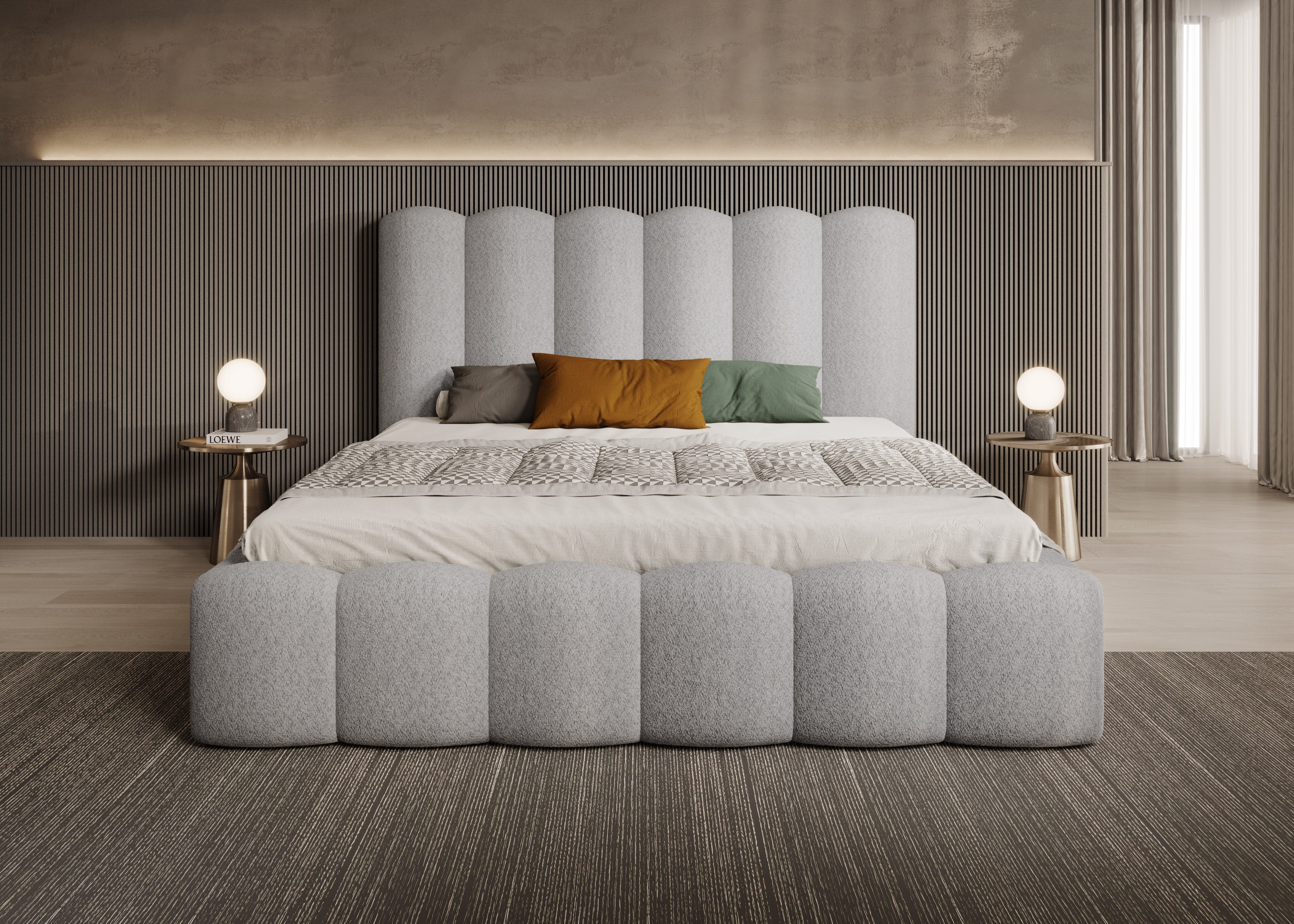 Goldstoff Polsterbett LOFT - Wolkenbett mit hohem Kopfteil (Doppelbett- verfügbar 140x200 160x200 180x200 200x200cm, Stauraumbett - Designerbett mit Bettkasten zum aufklappen), Erhältlich in 4 Größen - Modern & Elegant