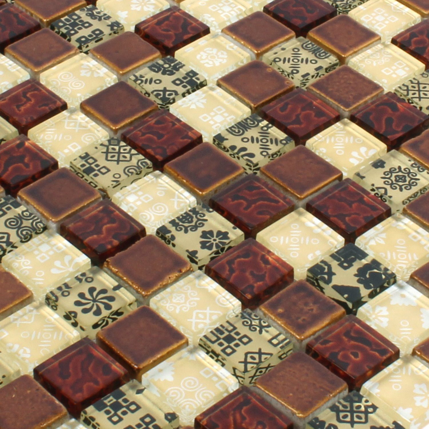Mosafil Mosaikfliesen Mosaikfliesen Resin Glas Belmont, Naturstein-Resin-Glas 30.000x30.000, rot-beige-gelb, Verlegefertig auf ein Netz geklebt