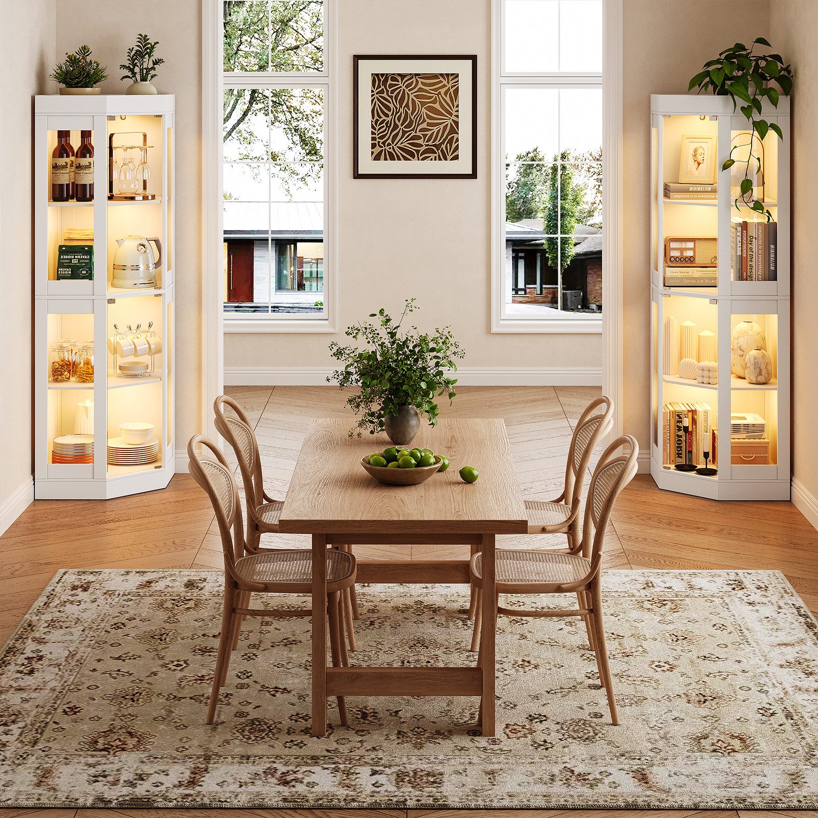 SVEYLXA Eckvitrine Beleuchtete LED Ecken-Vitrine mit Glastüren für Wohnzimmer, Küche&Flur (1-St) 69,5×56×178cm, weiß