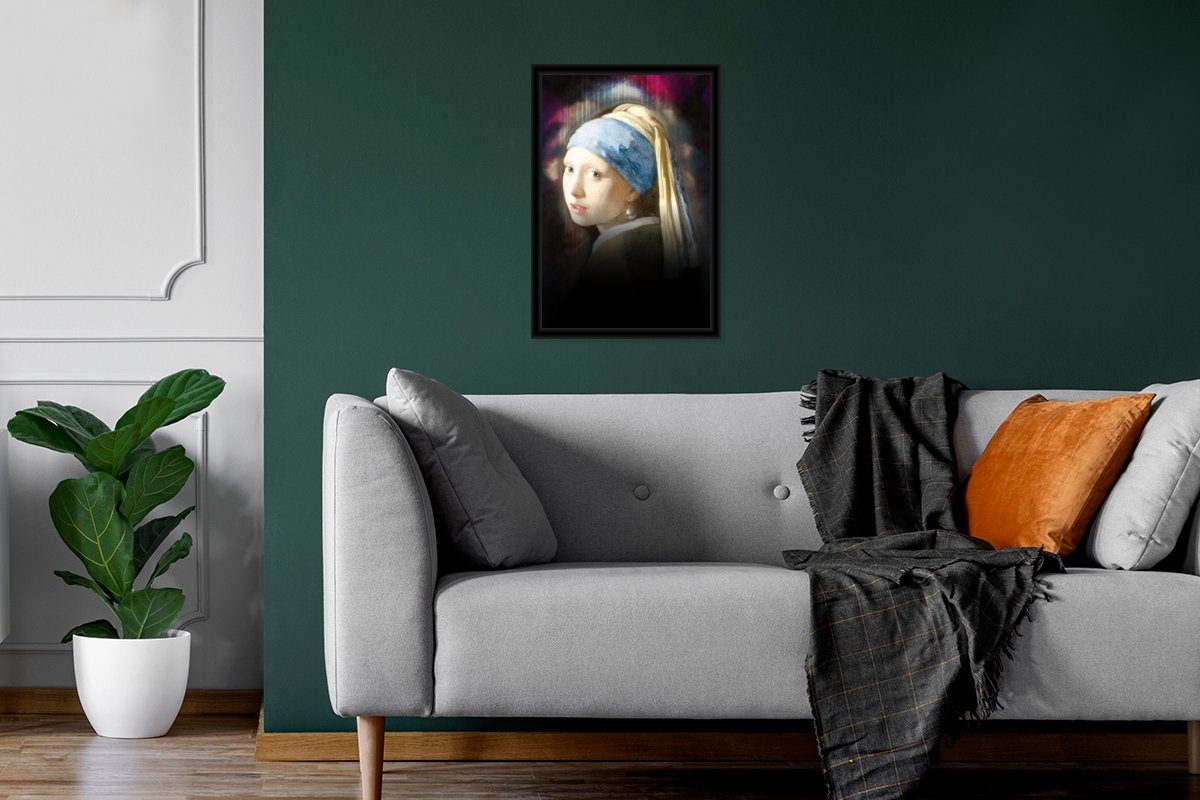 Wandposter, - St), Poster Schwarzem Vermeer Bilderrahmen Johannes - (1 Wanddeko, Ölgemälde, Bilder, MuchoWow Perlenohrring Mädchen Poster, Gerahmtes mit