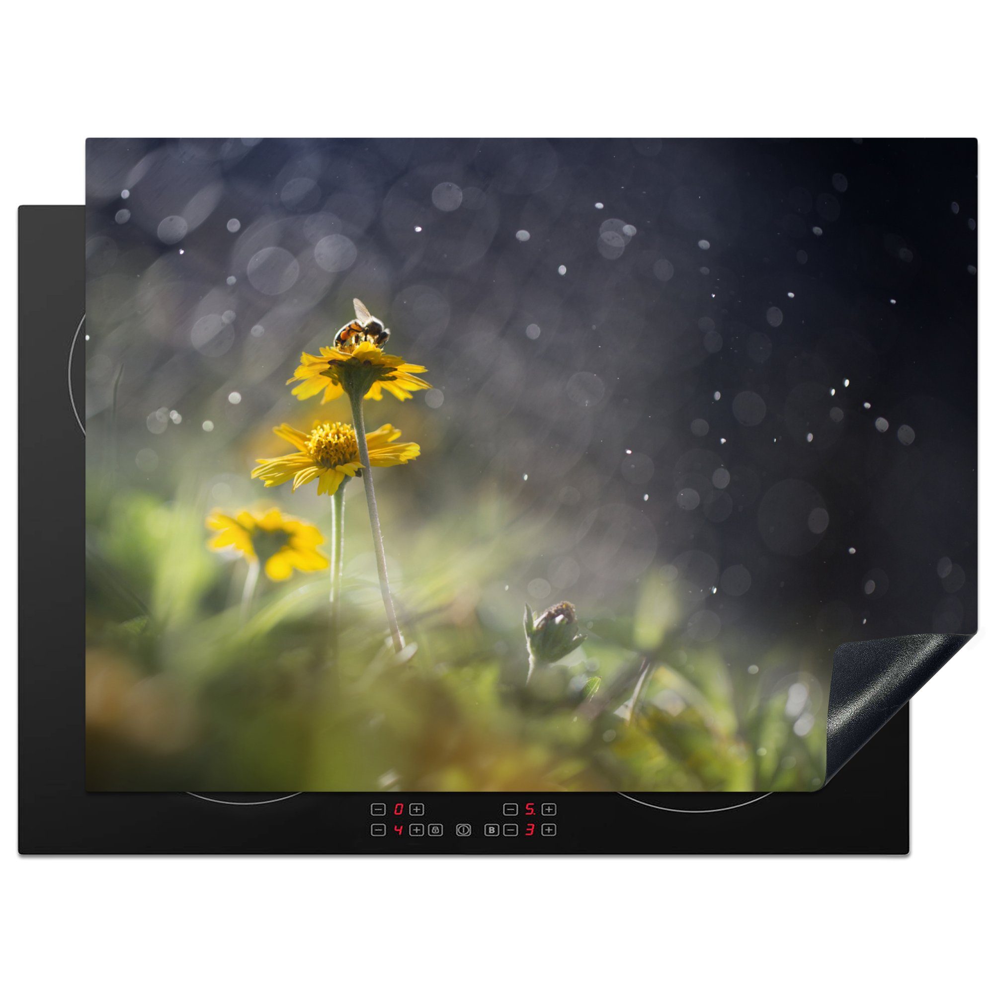 nutzbar, Blumen (1 Biene tlg), Herdblende-/Abdeckplatte 70x52 - Arbeitsfläche Mobile MuchoWow Vinyl, cm, - Ceranfeldabdeckung Regen,