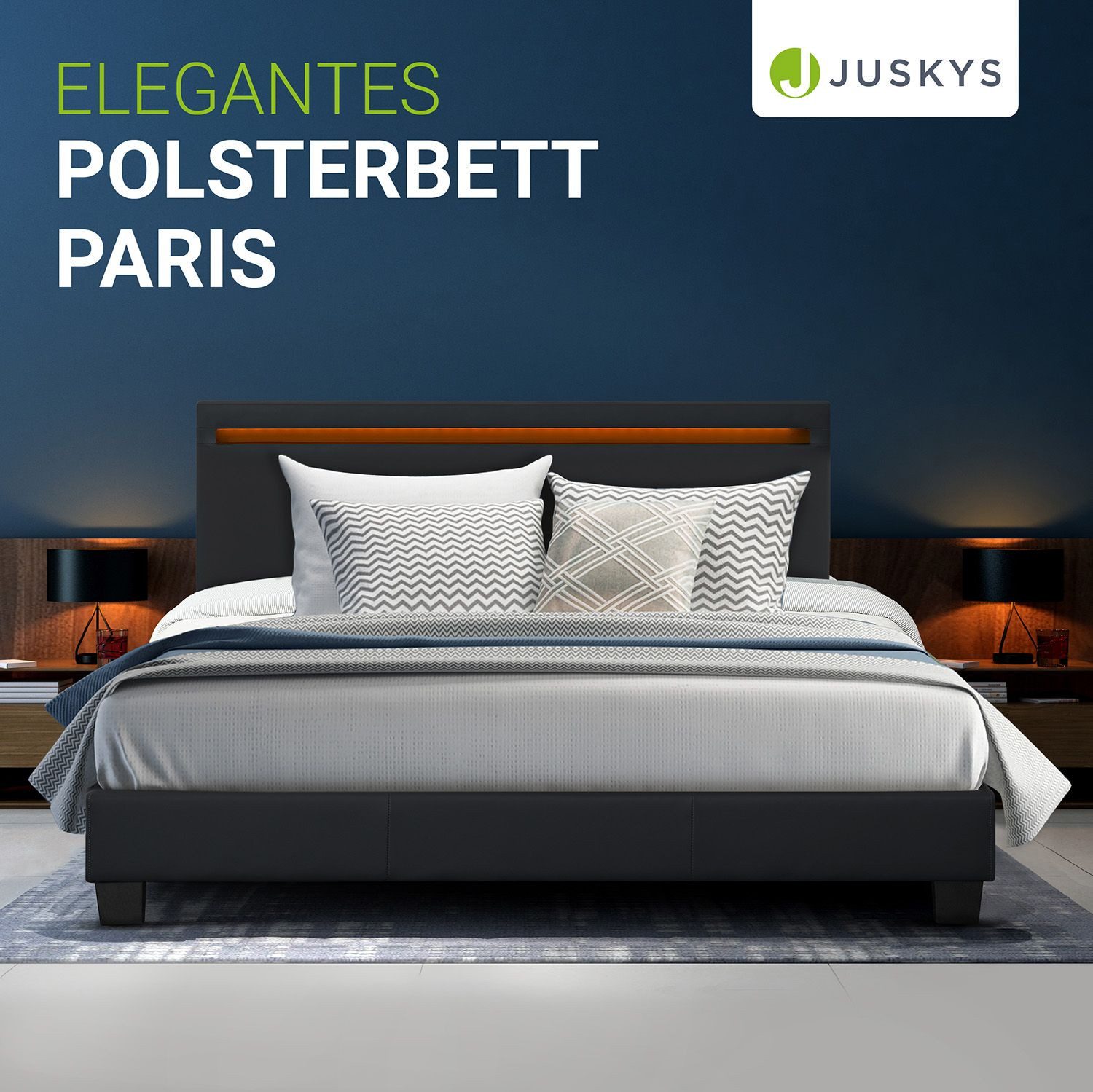 Juskys Polsterbett Paris, 140x200 cm, RGB-LED, Kunstleder, weiches Kopfteil, inkl. Matratze