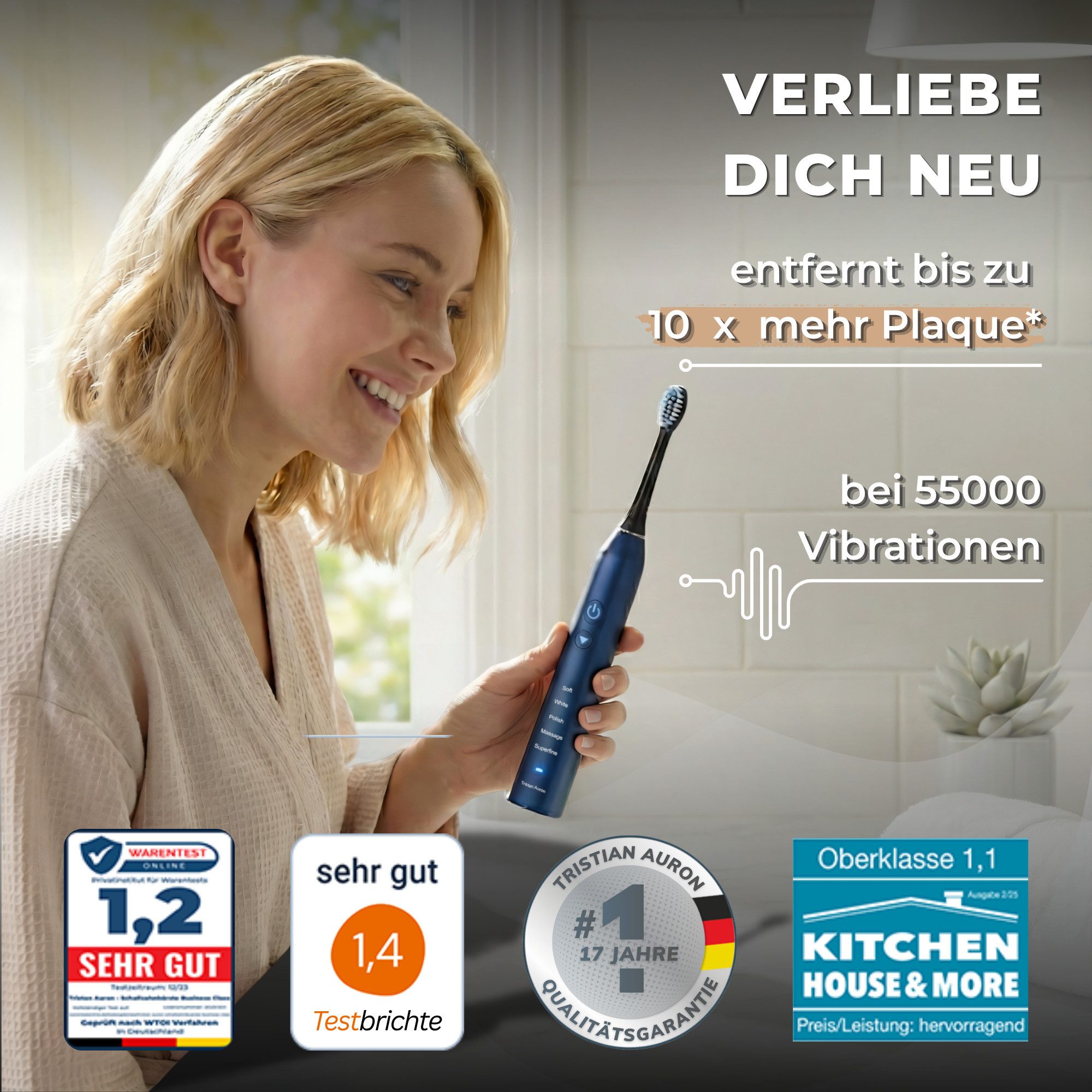 Tristan Auron Elektrische Zahnbürste Elektrische Zahnbürste Doppelpack + UV Reiseetui - 60 Tage Akku IPX7, Aufsteckbürsten: 4 St. – Bild 4 von 5