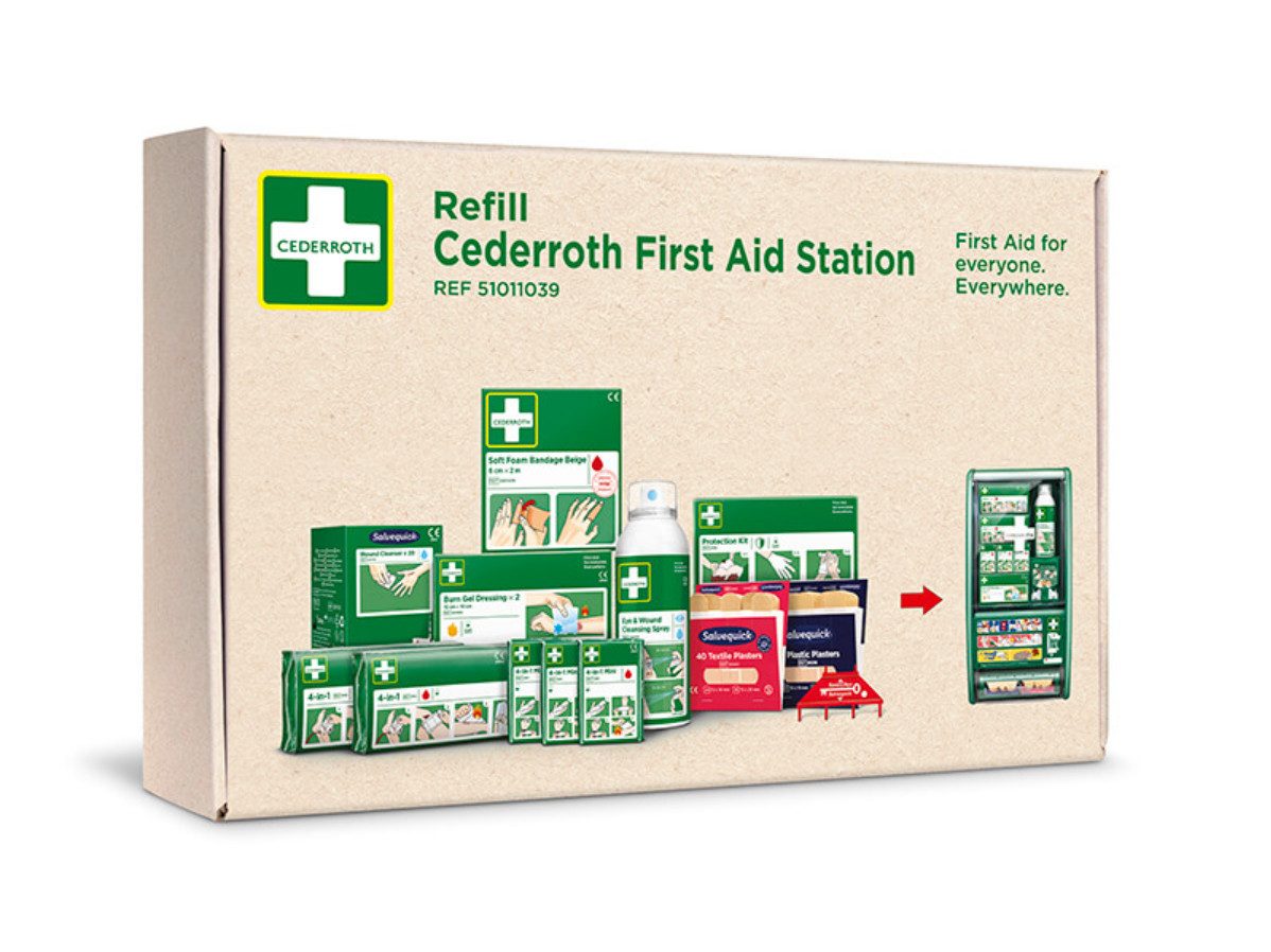 Cederroth Erste-Hilfe-Set Cederroth First Aid Station, (Modulares Erste-Hilfe-Station Komplettset mit Nachfülloption, 1 St), Umfassende Erste-Hilfe-Anleitung