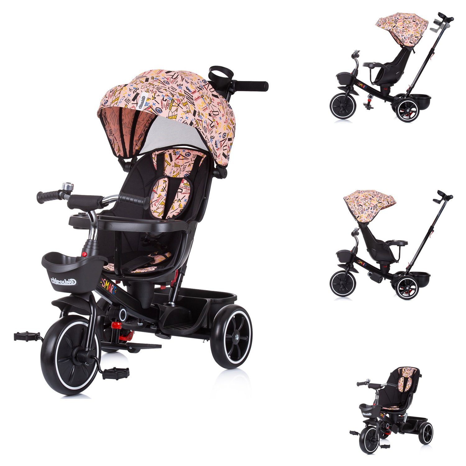 Chipolino Dreirad Tricycle 4 in 1 Smart Tablett, Schiebestange Sitz drehbar, Flaschenhalter