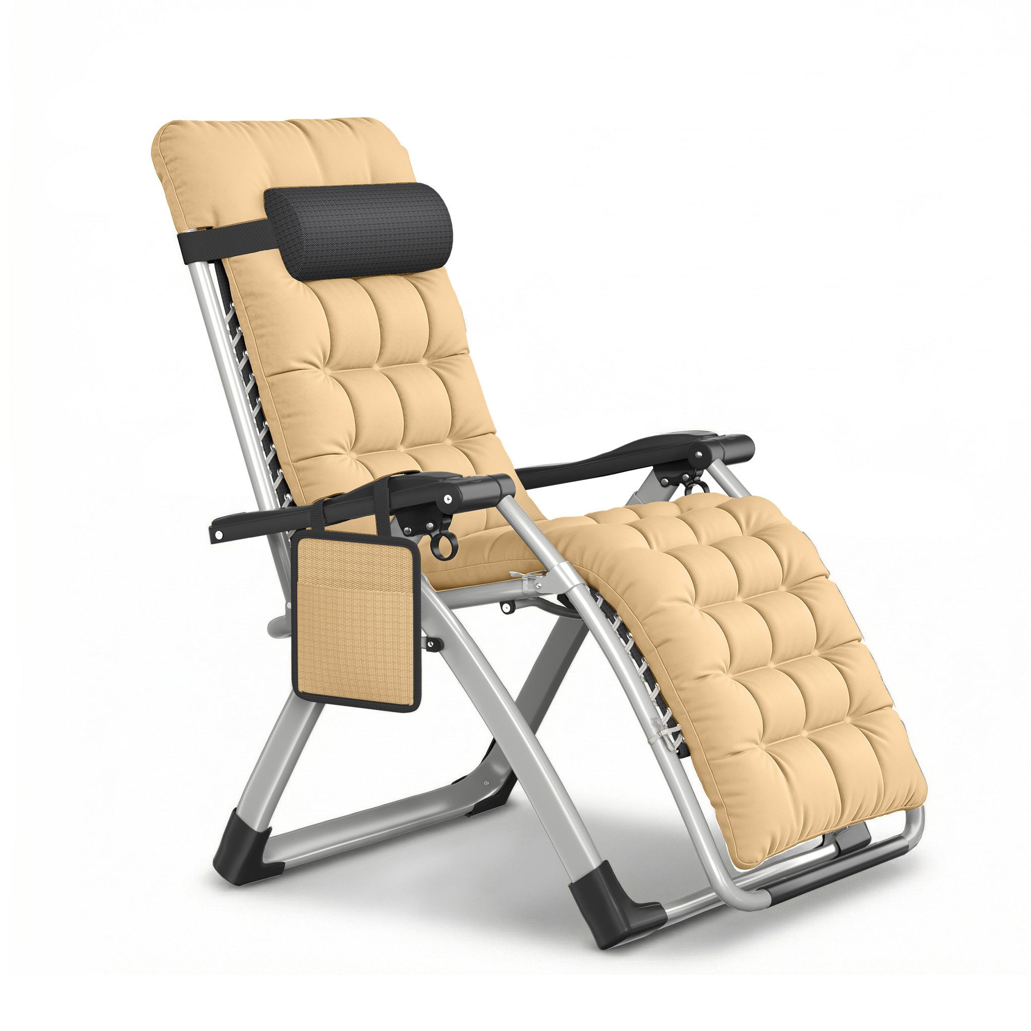 FIVMEN Gartenliege Sonnenliege klappbar Liegestuhl Verstellbare Rückenlehne 90–170°, inkl. Nackenkissen, Getränkehalter, Seitentasche, bis 160kg