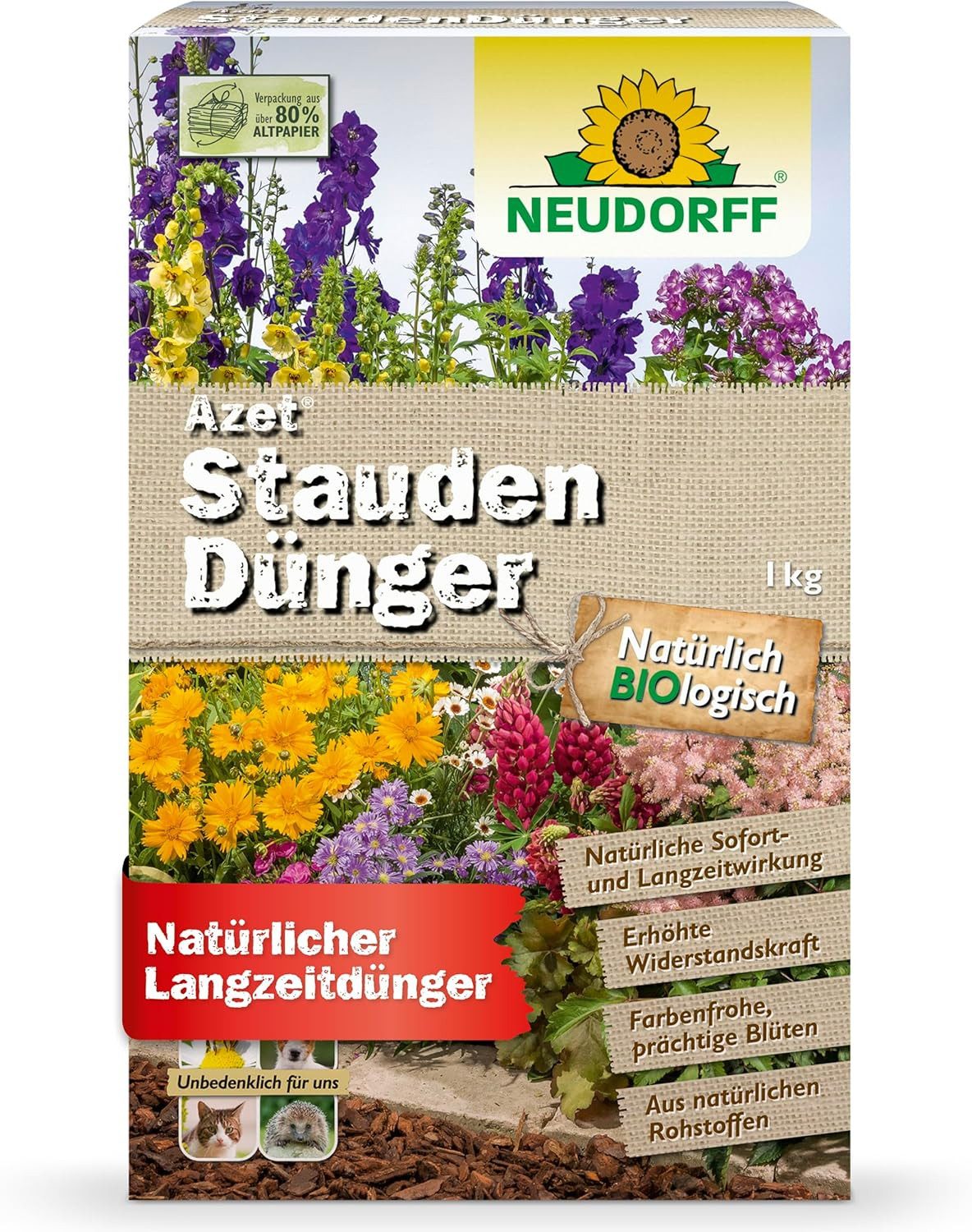 Neudorff Blumendünger Azet StaudenDünger 1 kg, organischer Langzeitdünger mit Sofort- & Langzeitwirkung, aus natürlichen Rohstoffen