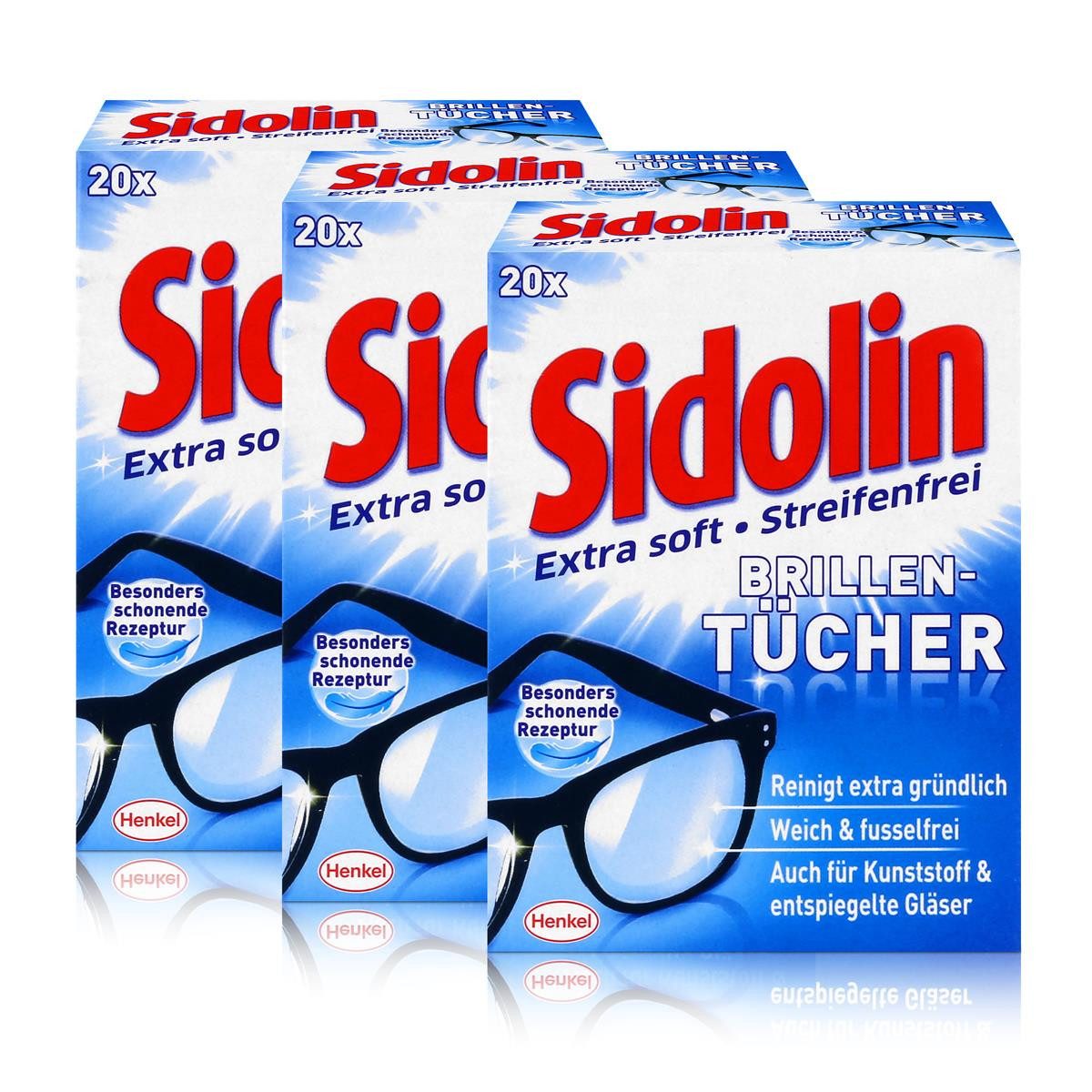 SIDOLIN Sidolin Brillen Putztücher 20 Tücher - Extra Soft & Streifenfrei (3er Reinigungstücher