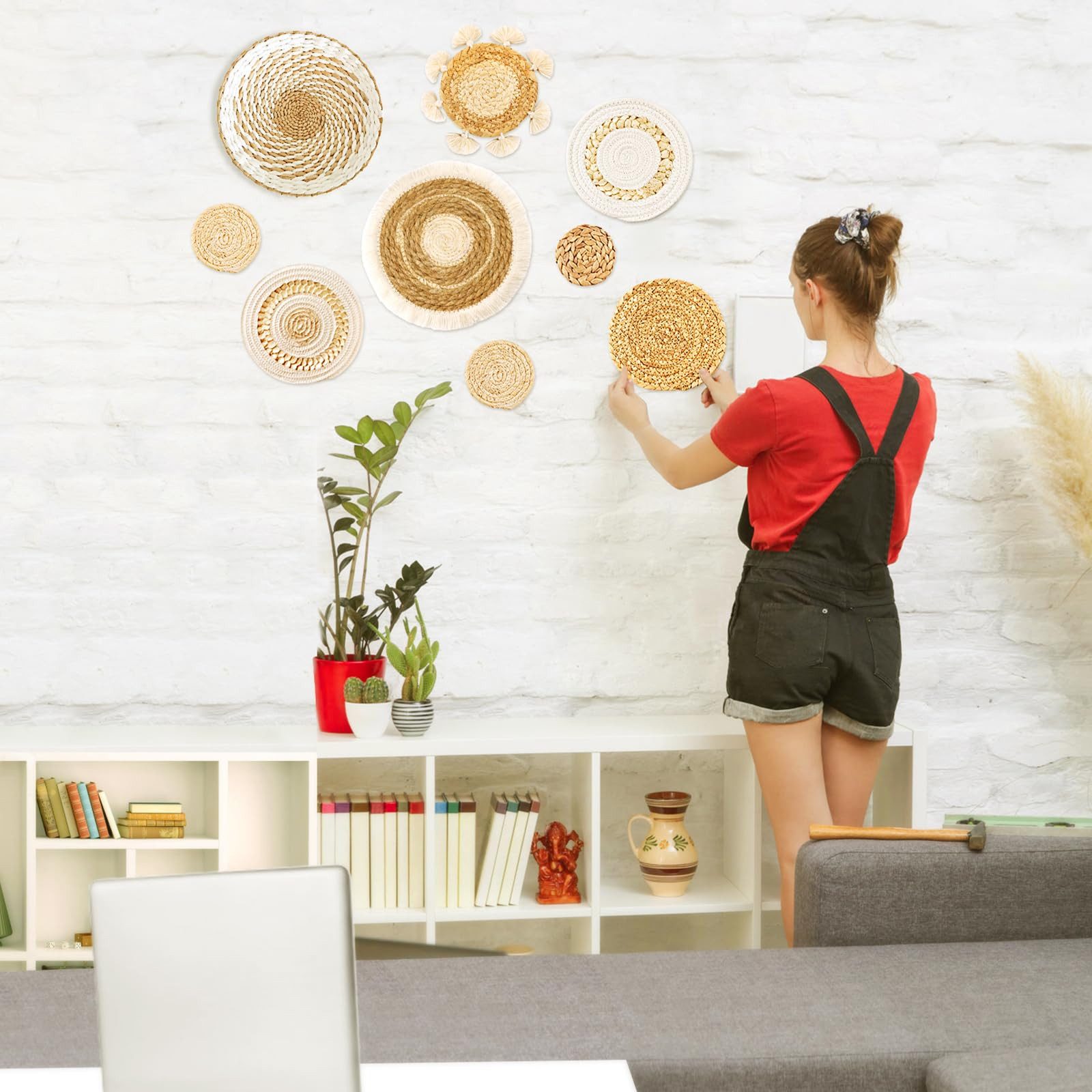 FOUORTUNATE-BEE Wanddekoobjekt 9 Stück Boho-Wandkörbe, Dekoration zum Aufhängen, runde Wandkunst (für Bauernhaus-Wohnzimmer, Schlafzimmer, Küchendekorationen, 9 St)