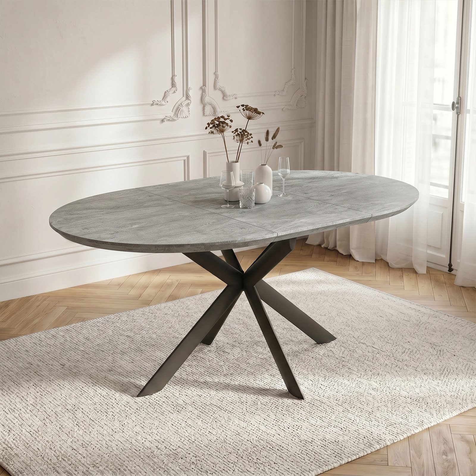 Jiexi Esstisch Esstisch ausziehbar rund bis oval MDF-Platte mit X-Metallgestell