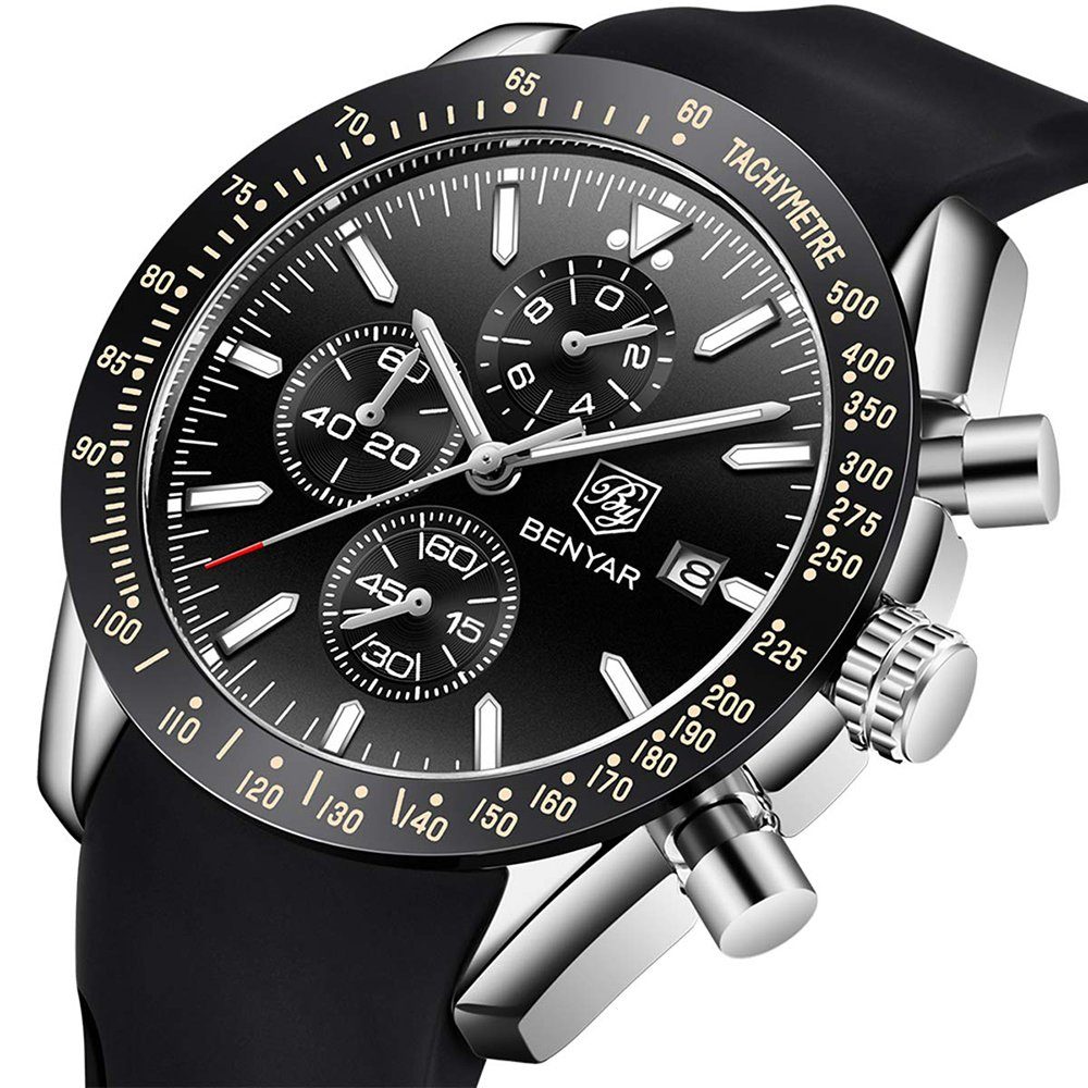 Schwarz Uhr leuchtende Business lässig Armbanduhr Herrenuhren GelldG Weiß, Quarz Datum Analog