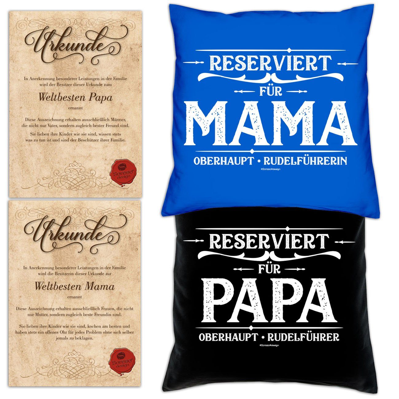 Soreso® Dekokissen Kissen-Set Reserviert für Papa Reserviert für Mama mit Urkunden, Geschenk Vatertag Muttertag royal-blau