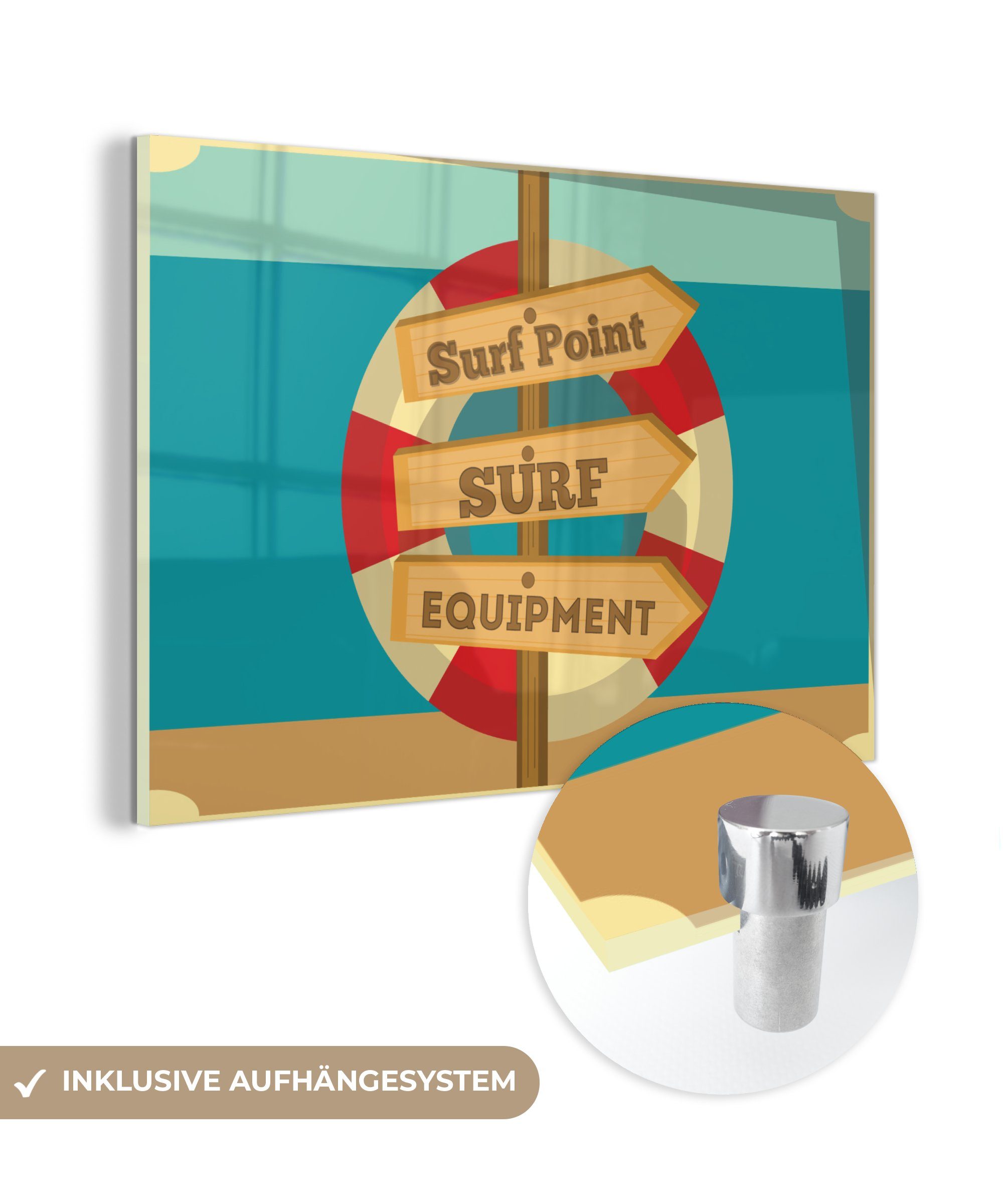 MuchoWow Acrylglasbild Illustration Rettungsboje, & St), mit 'surf (1 surf Wohnzimmer Acrylglasbilder point, Schlafzimmer equipment'