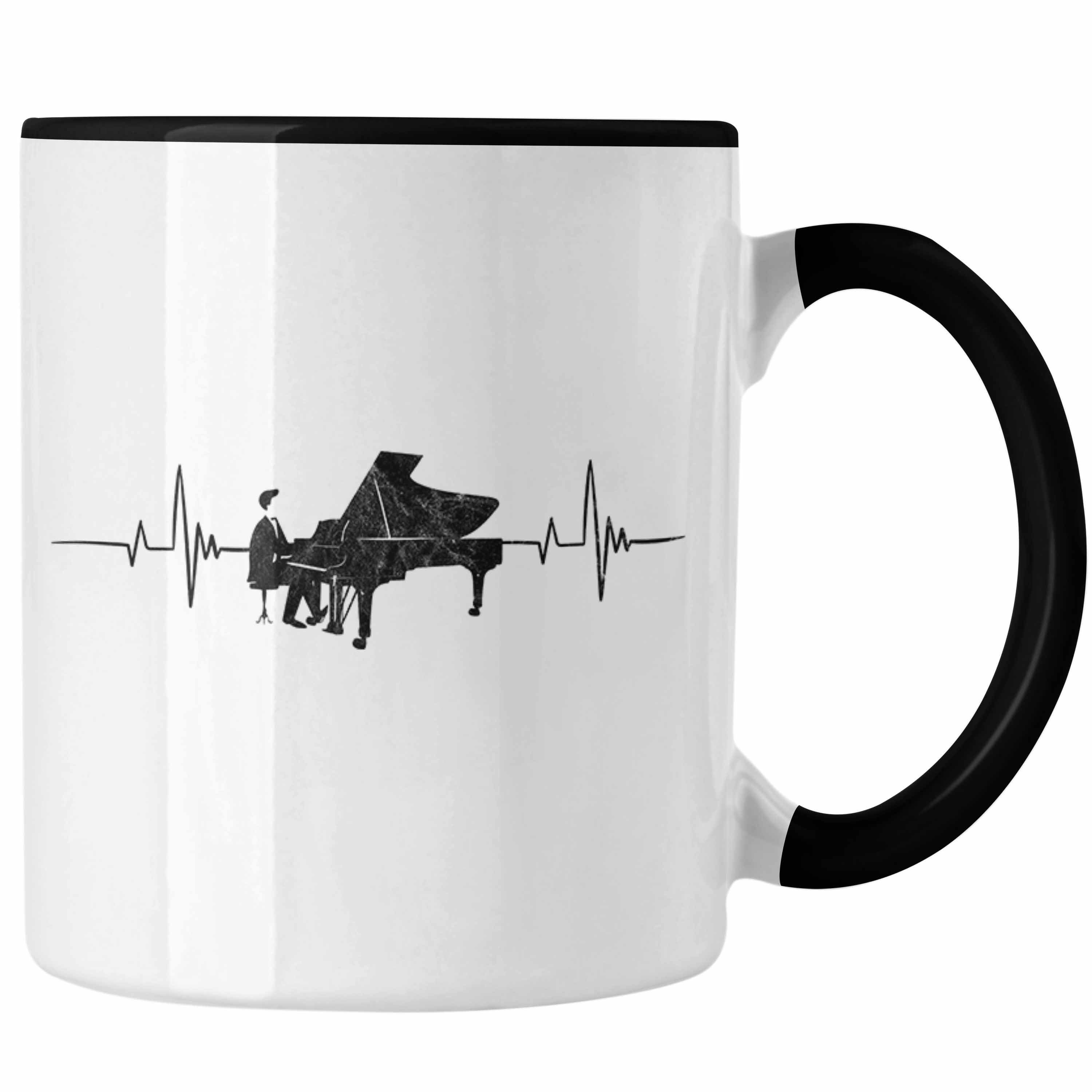 Trendation Tasse Tasse Piano Geschenkidee für Klavierspieler Flügel-Motiv Herzschlag Schwarz