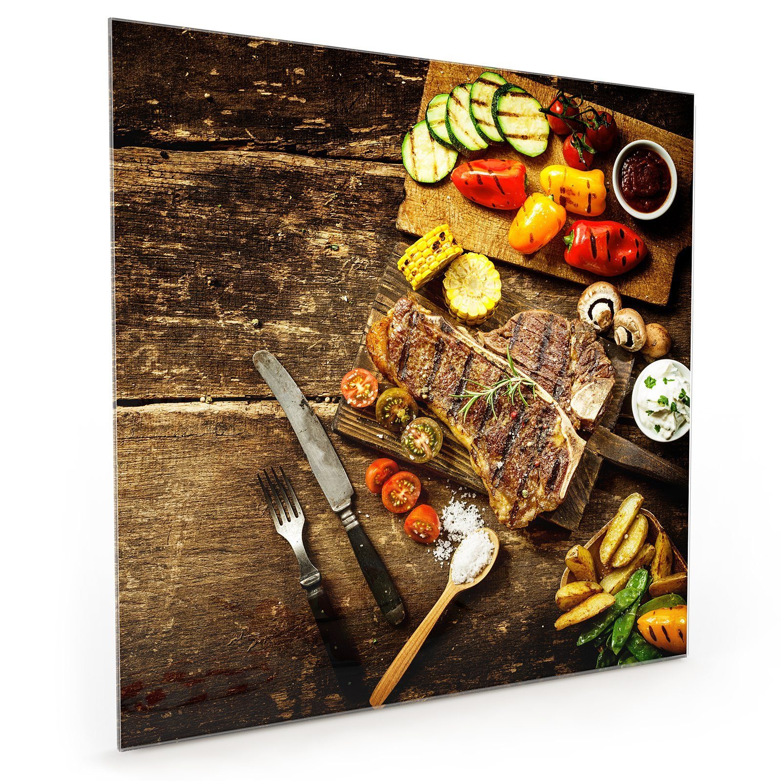 Primedeco Küchenrückwand Küchenrückwand Spritzschutz Glas mit Motiv T-Bone Steak und Gemüse
