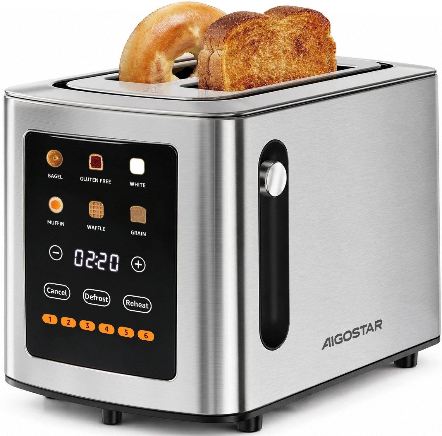 Aigostar Toaster 2/4 Scheiben Digitaler Langschlitz, 6 Bräunungsstufen, Touchscreen, 2 lange Schlitze, 1750 W, Farb LCD Countdown, 6 Brotprogrammen & Krümelschublade