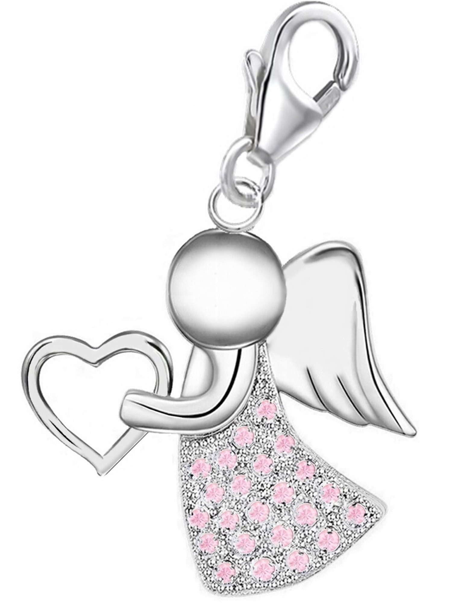 Goldene Hufeisen Charm Engel Engel Rosa Zirkonia Karabiner Charm Anhänger 925 Silber Schutzengel (1 Stück, inkl Etui), rhodiniert