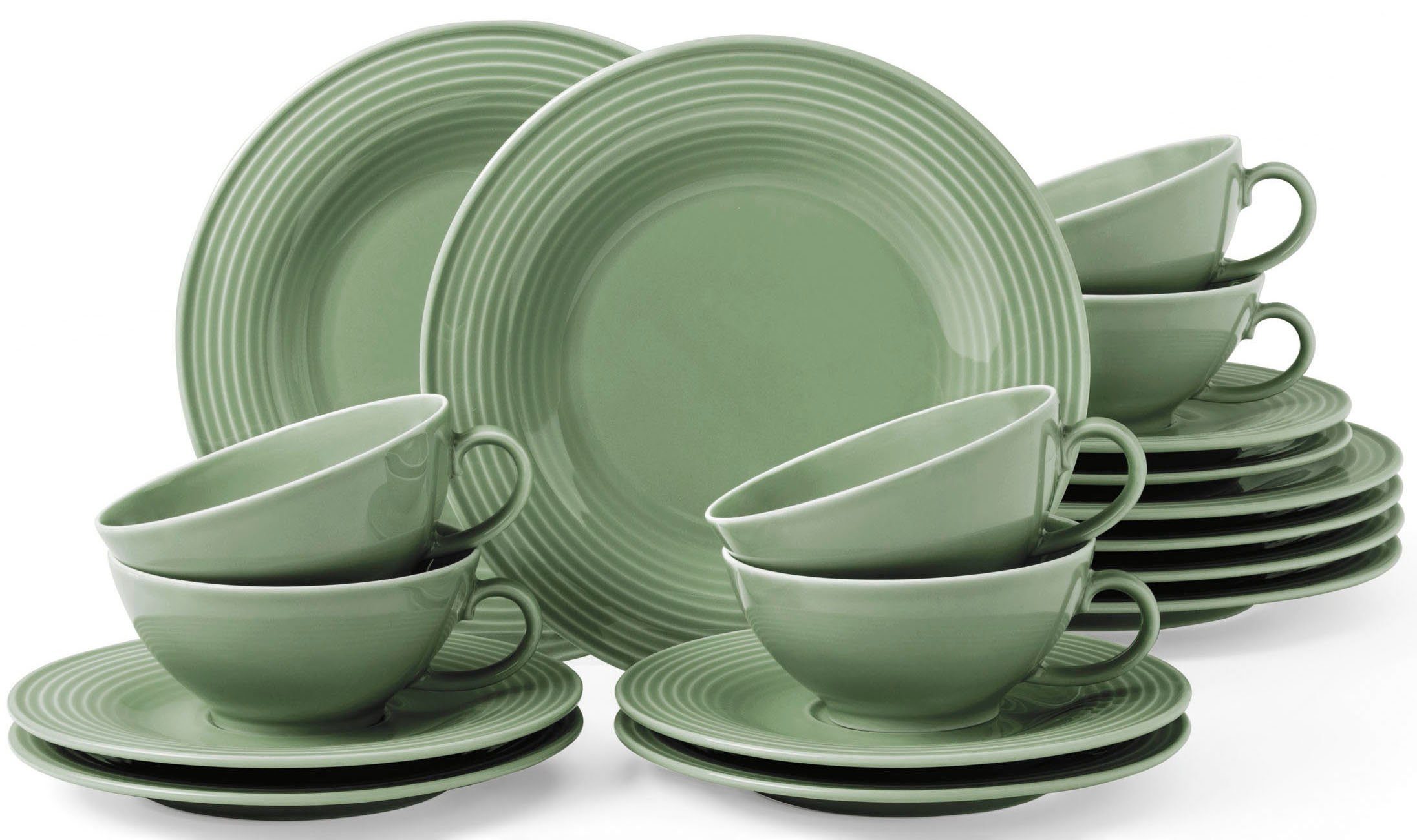 Seltmann Weiden Teeservice Geschirr-Set Beat (18-tlg), 6 Personen, Porzellan, Teller, Tassen, Untertassen, Rillendekor, 18 Teile, für 6 Personen