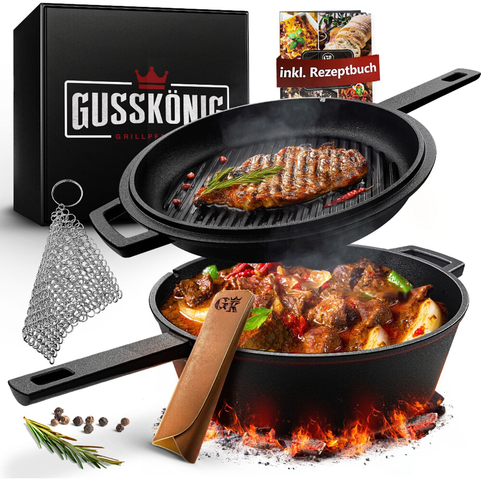 GUSSKÖNIG Bratpfanne 2in1 Gusseisen Casserole 3,6 l Topf & Pfanne Ledergriff Ringreiniger, Gusseisen