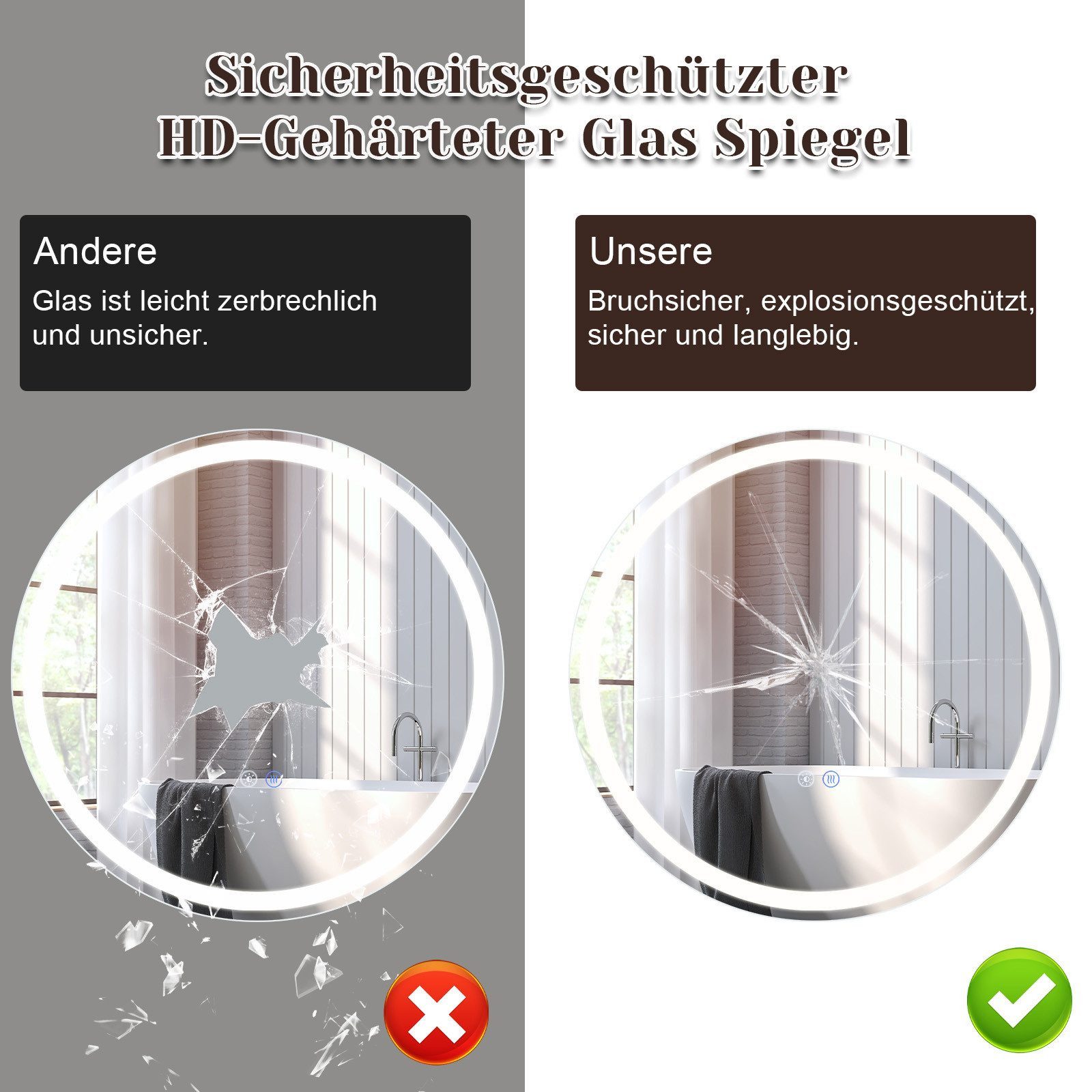 Nettlife Badspiegel Rund Touch Schalter und Entfogger Wandspiegel Beleuchtet 50/60/70/80cm, Entfogger Funktion Dimmbar Memories Funktion Ideal für Badezimmer – Bild 4 von 5