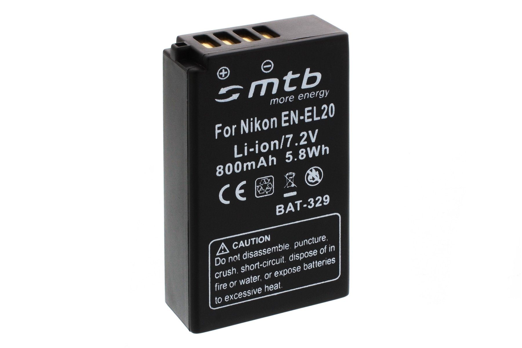 mtb more energy [BAT-329 - Li-Ion] Kamera-Akku kompatibel mit Akku-Typ EN-EL20 800 mAh (7,2 V), passend für: Nikon 1 AW1, J1, J2, J3, S1 / Nikon Coolpix A…