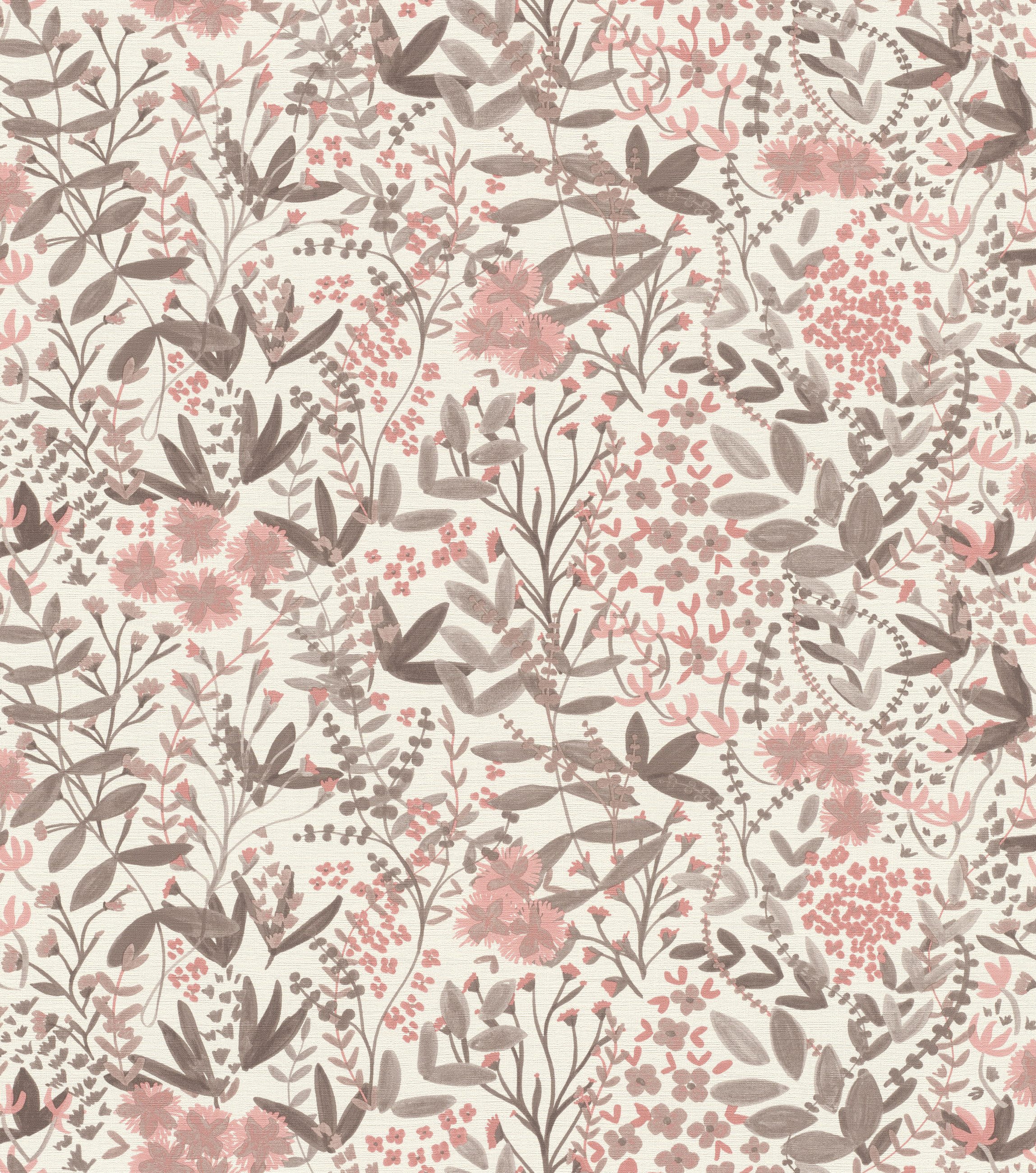 Rasch Vliestapete Blätter, Blumen, Blüten & Ranken - Vinyltapete Weiß Braun Rosa, floral, matt, Textiloptik, (1 Rolle, 1 St., Kollektion 'Country Charme' - 10,05 m x 0,53 m), Lichtbeständige Farben - Feucht abwischbar - Restlost abziehbar