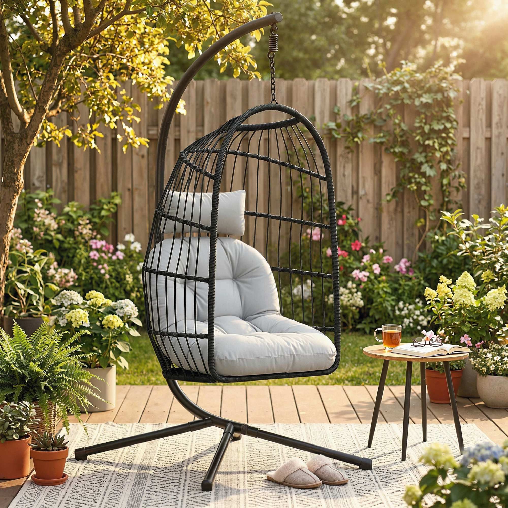 Outsunny Hängesessel Outdoor Hängestuhl mit Gestell faltbar mit Kissen (höhenverstellbar Hängeschaukel, 1-St., Polyrattan Hängekorb), für Balkon Terrasse