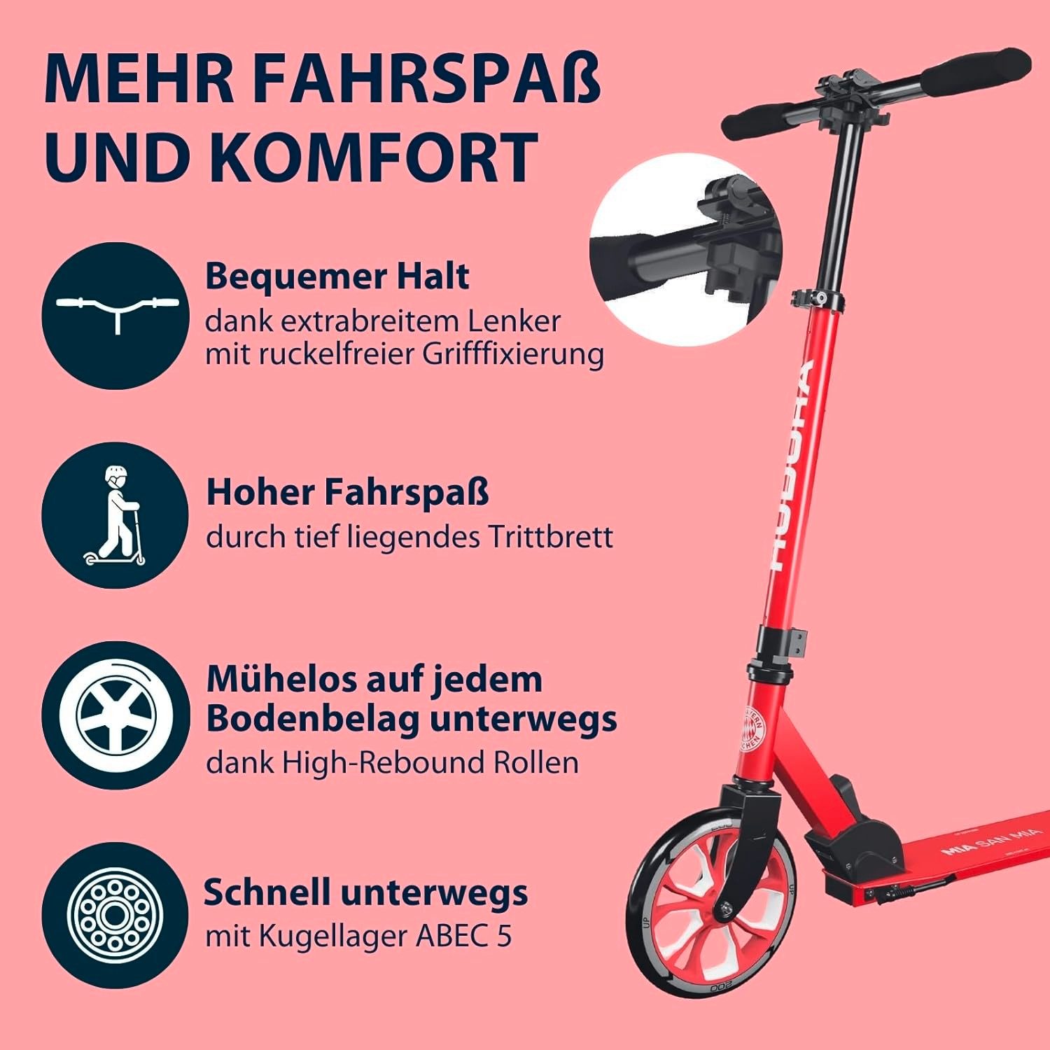 Hudora Cityroller Up 200, Lizenzierter FC Bayern München Fan-Scooter, bis zu 100 kg - Höhenverstellbar - Zusammenklappbar