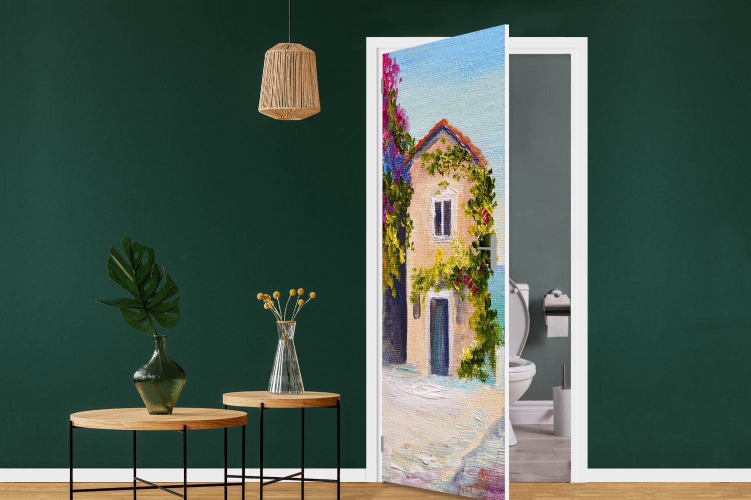 MuchoWow Türtapete Malerei - St), 75x205 Türaufkleber, Haus cm bedruckt, Ölfarbe - Fototapete Tür, für - Dorf, (1 Matt