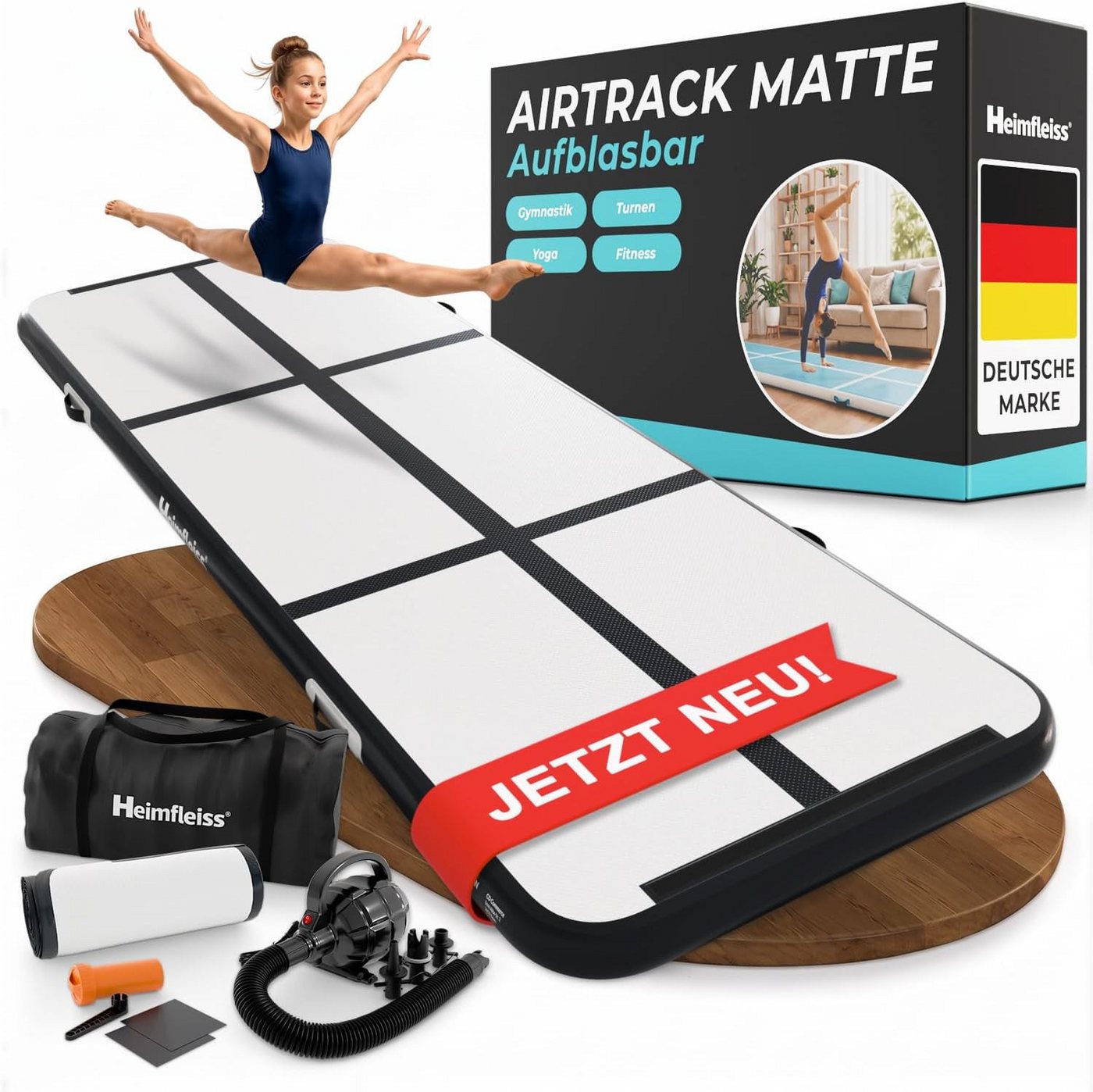 Heimfleiss® Turnmatte Airtrack aufblasbar 300x100x10 cm (Air Track Matte mit Elektropumpe, inkl. Tragetasche und Reparaturset), bis 150 kg belastbar