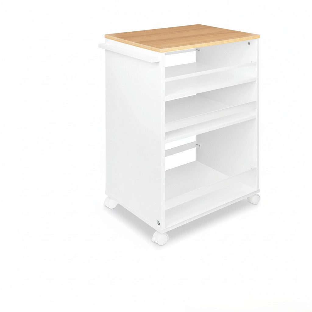 bomoe Rollwagen Nischenwagen Servierwagen auf Rollen 50x38x79cm, Weiß und Eiche, 3 verstellbare Ebenen & Holz Küchenwagen mit Arbeitsplatte