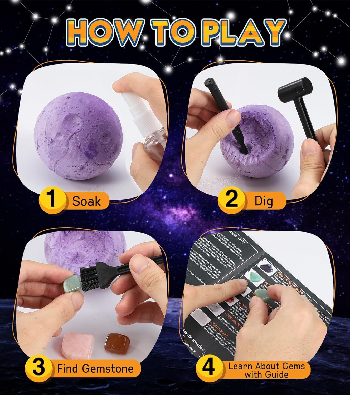 POPOLIC Gemstone Experiment Kit for Children - Excavation Set for Children Ages 6, 7, 8, 9, 10 (1-piece, 15 Natural Gemstones and Crystals, Experiments for Ages 6+), Moon Treasure Hunt Toy, Gift for Boys and Girls