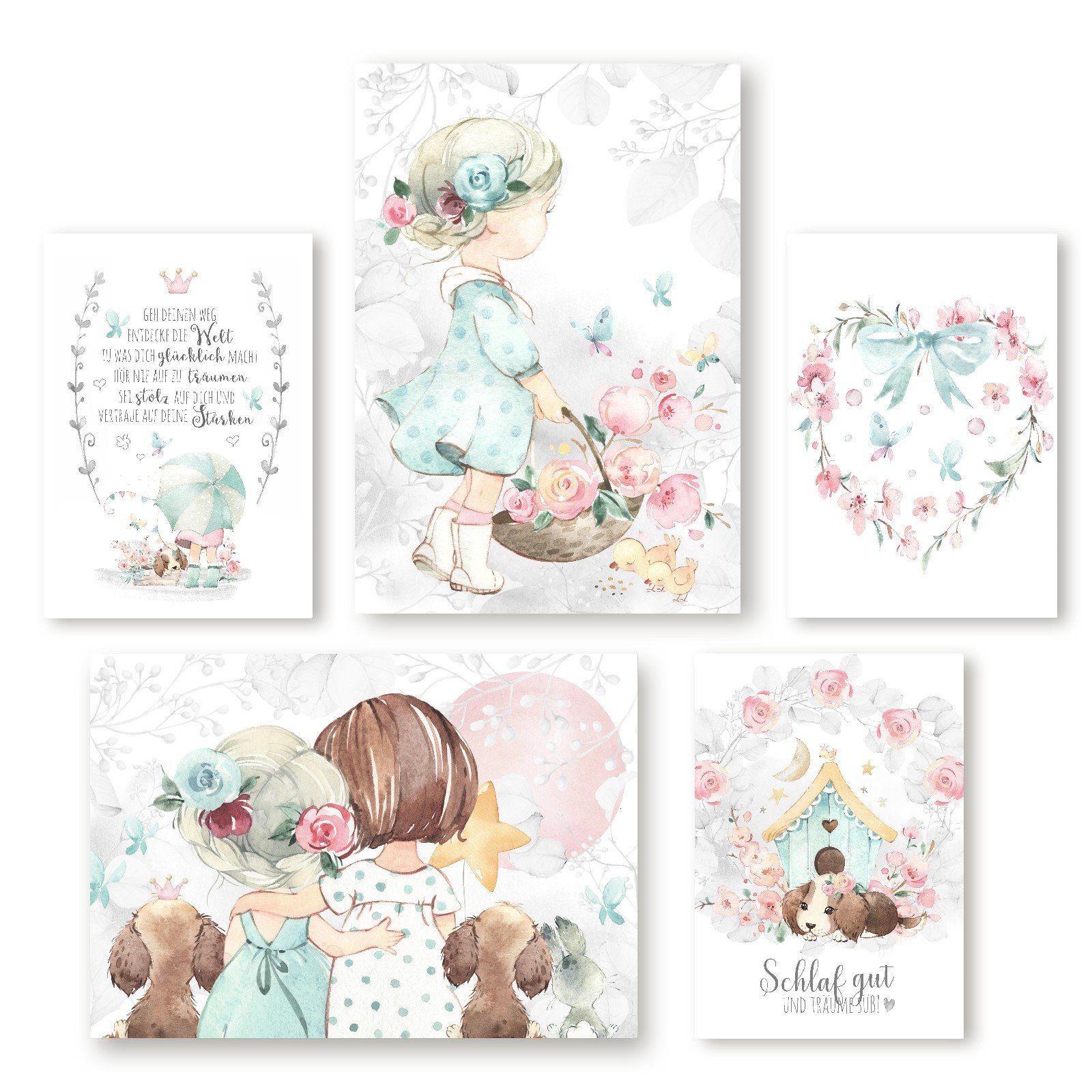 homestyle-accessoires Poster Kinderzimmer Kinderbilder Bilderset SCHLAF SCHÖN - FREUNDE HUND, (5 St), - Ohne Bilderrahmen - sorgfältige & sichere Verpackung