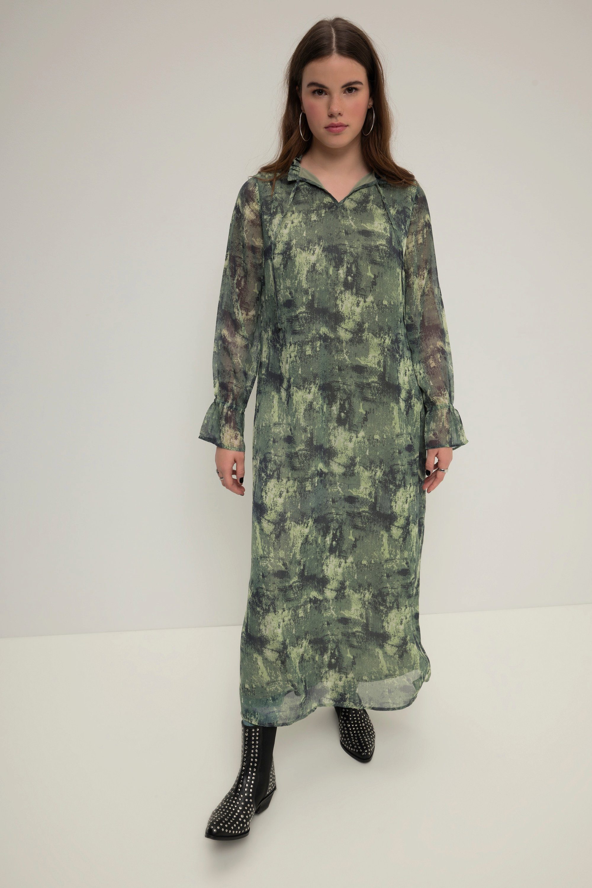 Midikleid Maxikleid A-Line Chiffon Allover-Print Langarm