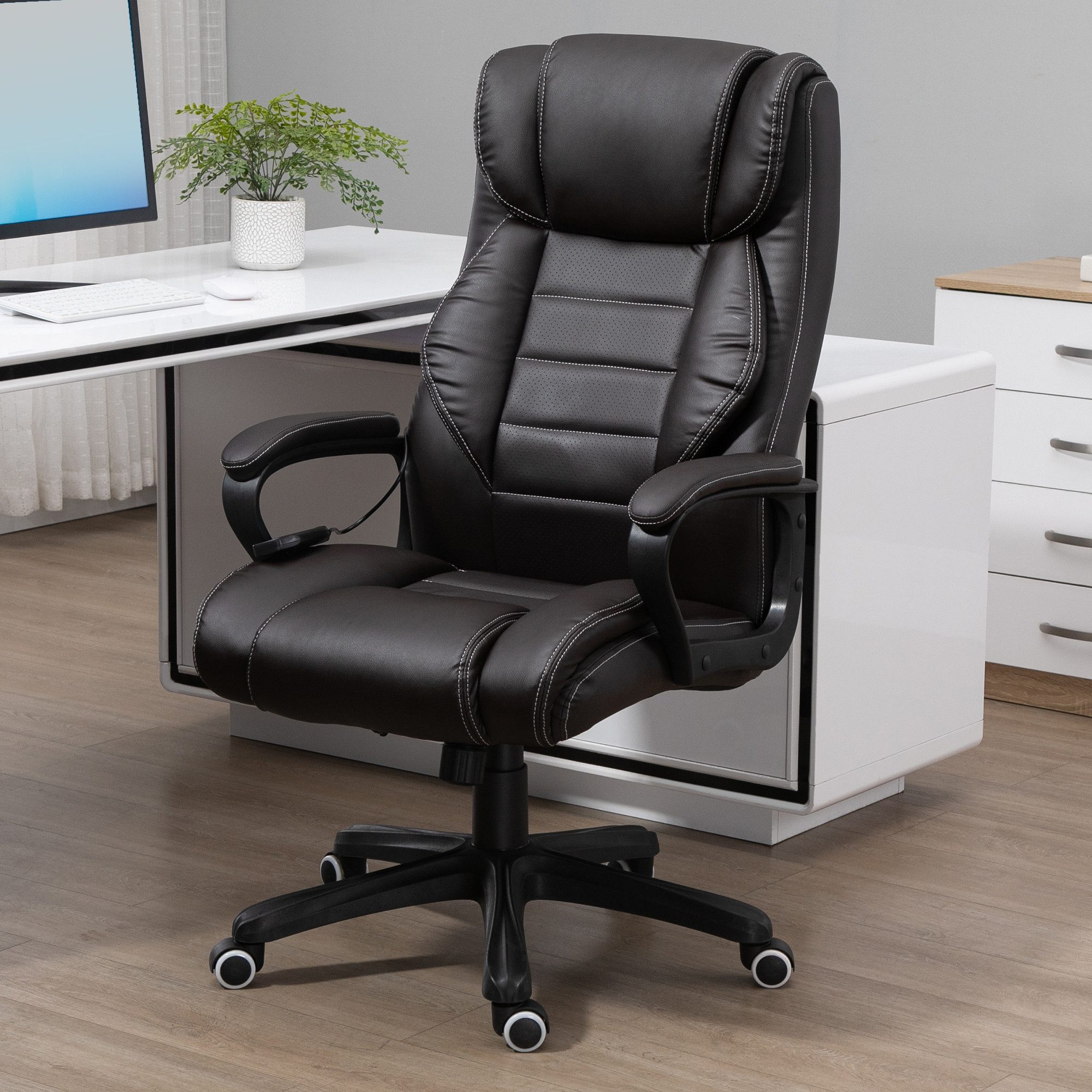 Vinsetto Schreibtischstuhl Ergonomischer Chefsessel, Wippfunktion, Drehstuhl, Braun (Bürostuhl mit Massage, 1 St), 6 Vibrationspunkte, Leinen-Gefühl, einstellbar, Schwarz