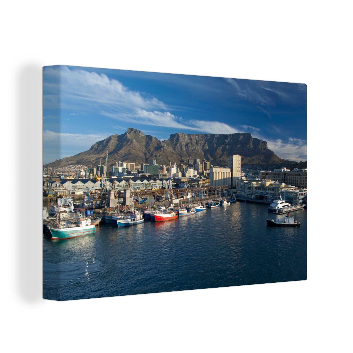 OneMillionCanvasses® Leinwandbild Der schöne Hafen von Kapstadt und der Tafelberg im Hintergrund, (1 St), Wandbild Leinwandbilder, Aufhängefertig, Wanddeko, 30x20 cm